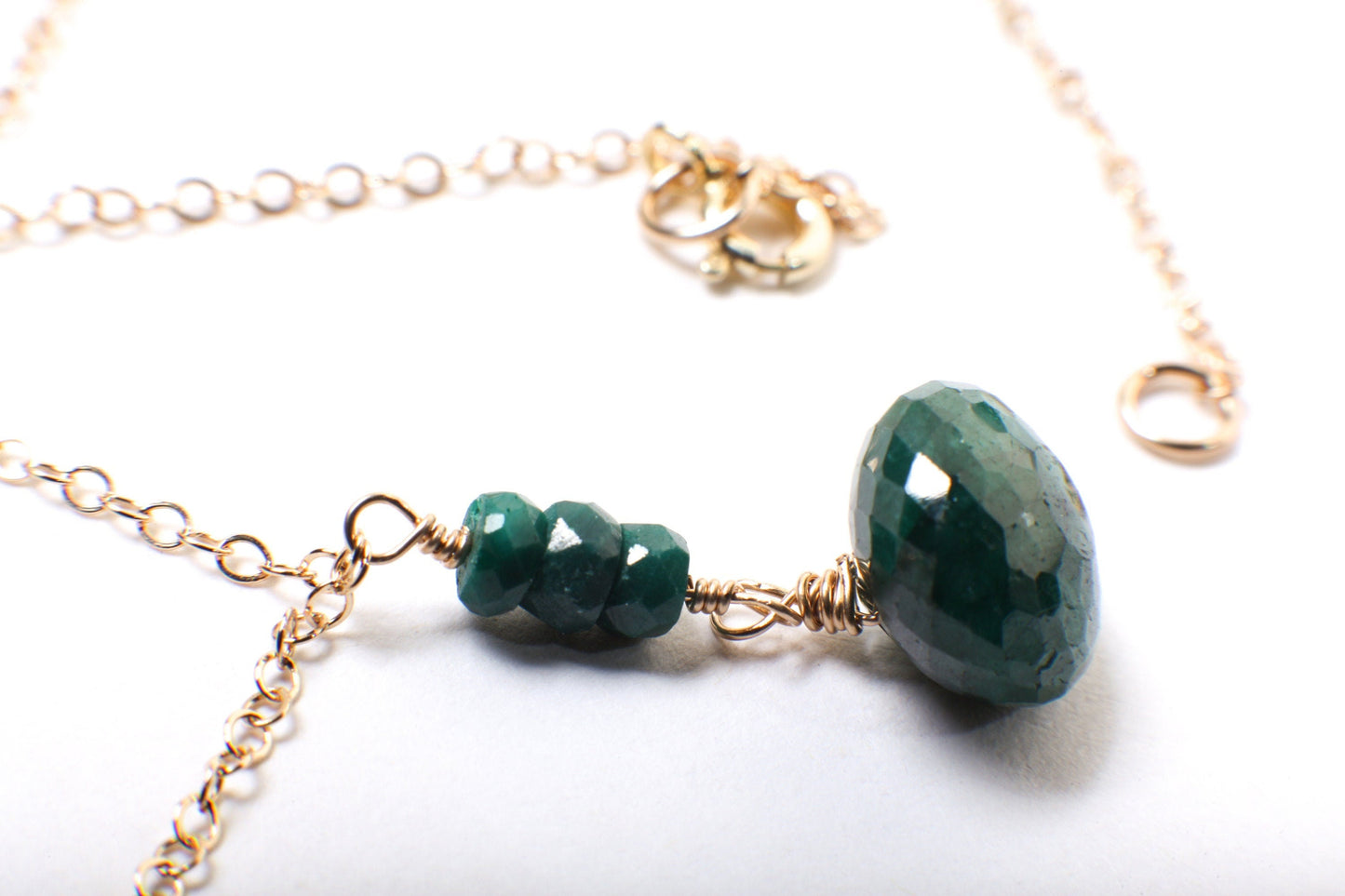 Genuine Emerald Onion Drop Briolette Wire Wrapped Faceted 8x11mm Teardrop Charm, 4mm Emerald Rondelle in 14K Gold Filled Chain and Clasp