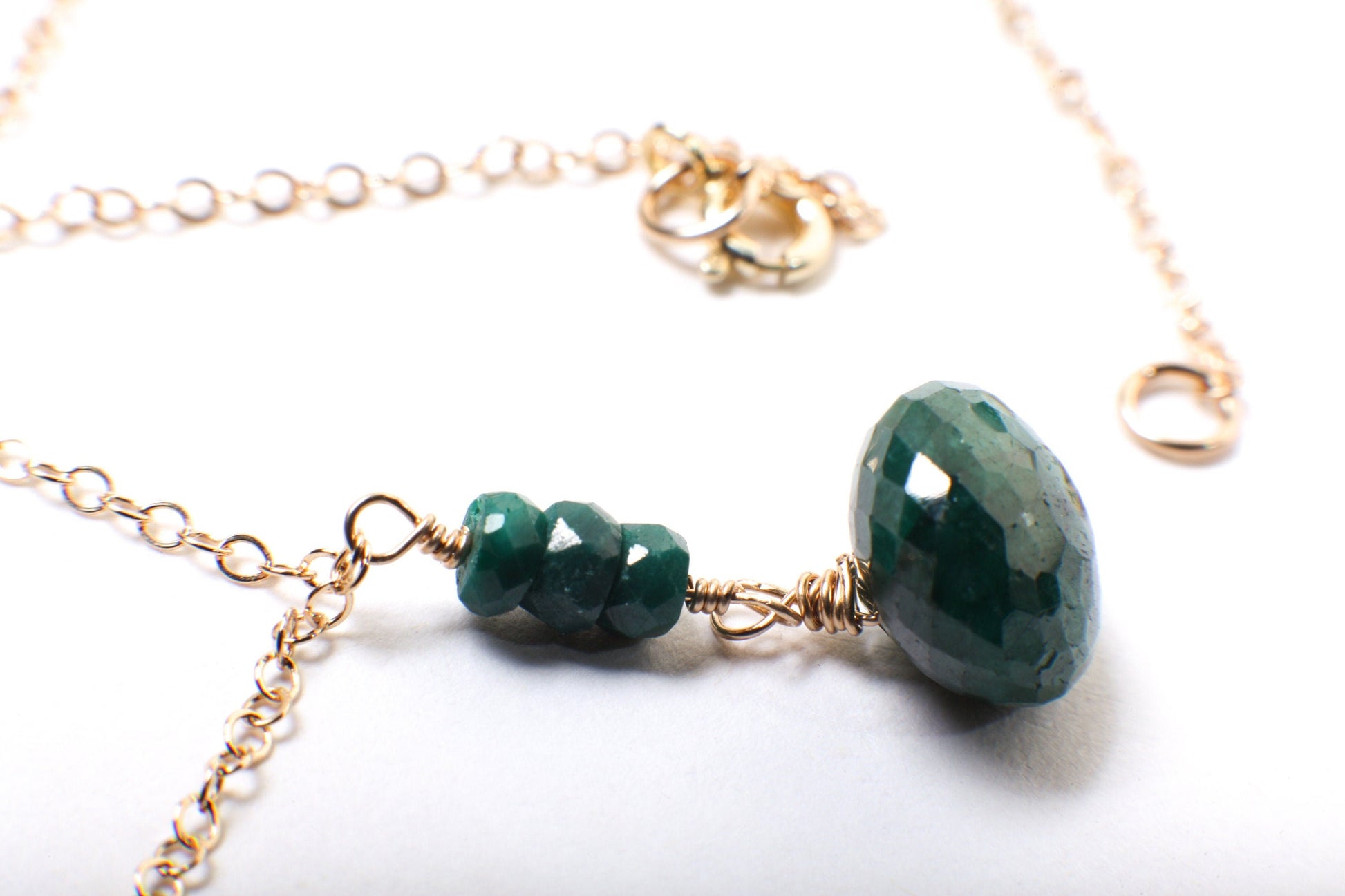 Genuine Emerald Onion Drop Briolette Wire Wrapped Faceted 8x11mm Teardrop Charm, 4mm Emerald Rondelle in 14K Gold Filled Chain and Clasp