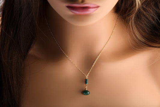 Genuine Emerald Onion Drop Briolette Wire Wrapped Faceted 8x11mm Teardrop Charm, 4mm Emerald Rondelle in 14K Gold Filled Chain and Clasp