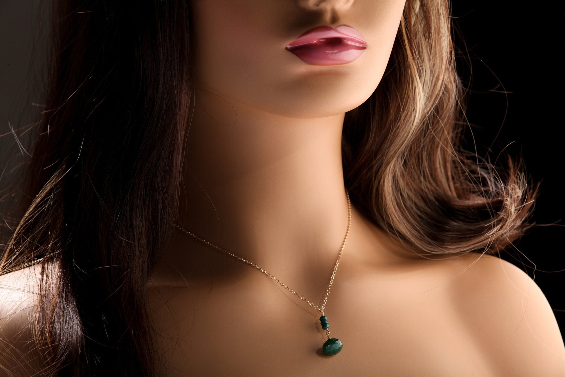 Genuine Emerald Onion Drop Briolette Wire Wrapped Faceted 8x11mm Teardrop Charm, 4mm Emerald Rondelle in 14K Gold Filled Chain and Clasp