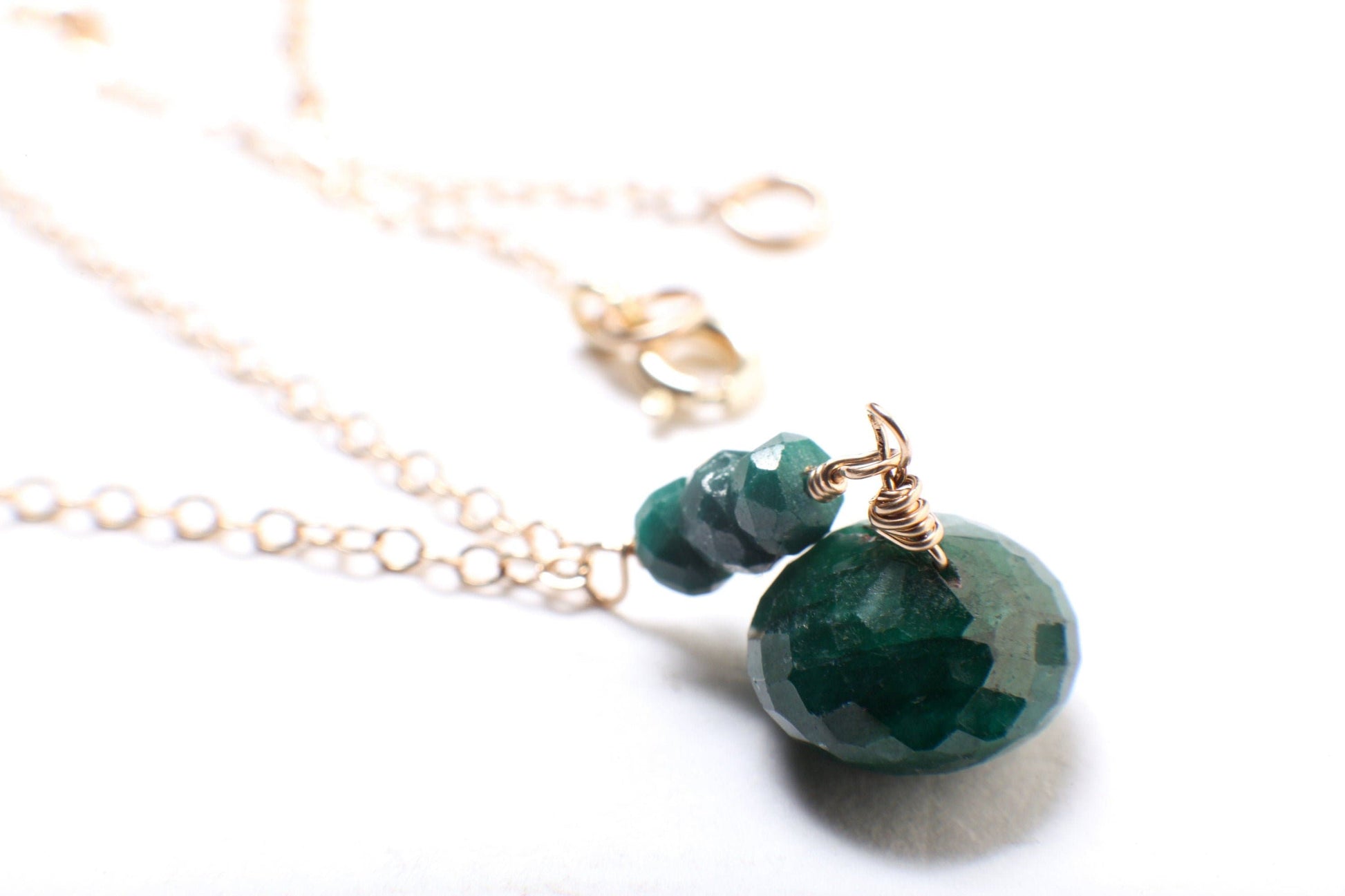 Genuine Emerald Onion Drop Briolette Wire Wrapped Faceted 8x11mm Teardrop Charm, 4mm Emerald Rondelle in 14K Gold Filled Chain and Clasp