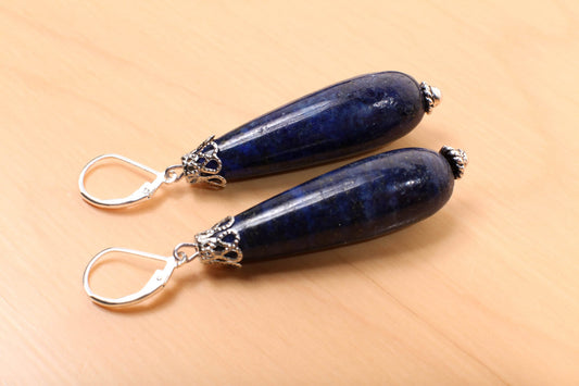 Lapis Lazuli Earrings, Natural Lapis Briolette 12x40mm Long Teardrop Accents with Bali Style Bead Cap, Leverback Ear Wire