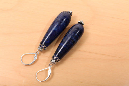 Lapis Lazuli Earrings, Natural Lapis Briolette 12x40mm Long Teardrop Accents with Bali Style Bead Cap, Leverback Ear Wire