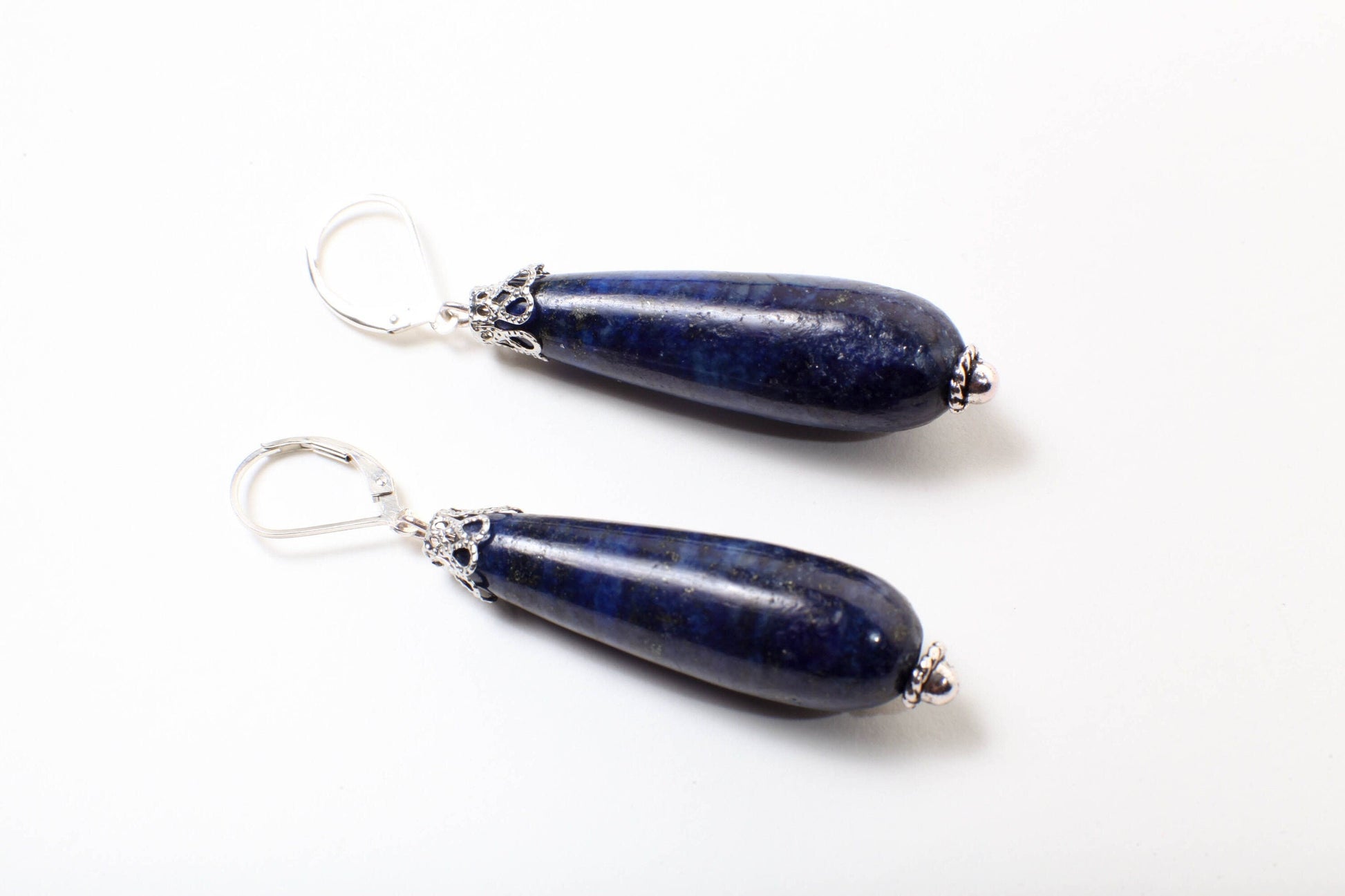 Lapis Lazuli Earrings, Natural Lapis Briolette 12x40mm Long Teardrop Accents with Bali Style Bead Cap, Leverback Ear Wire
