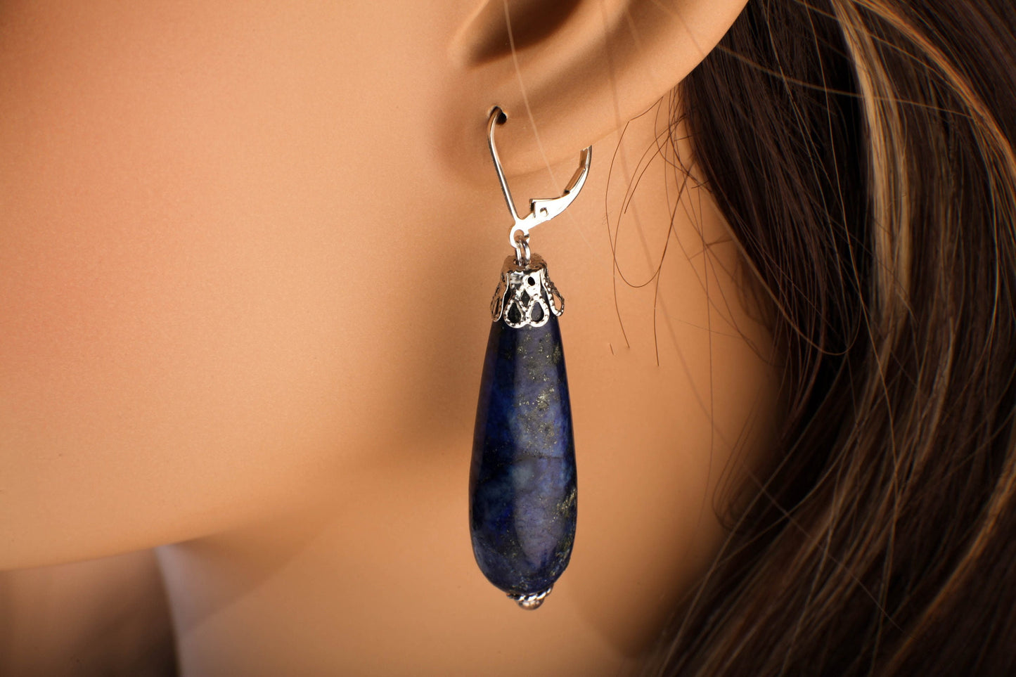 Lapis Lazuli Earrings, Natural Lapis Briolette 12x40mm Long Teardrop Accents with Bali Style Bead Cap, Leverback Ear Wire