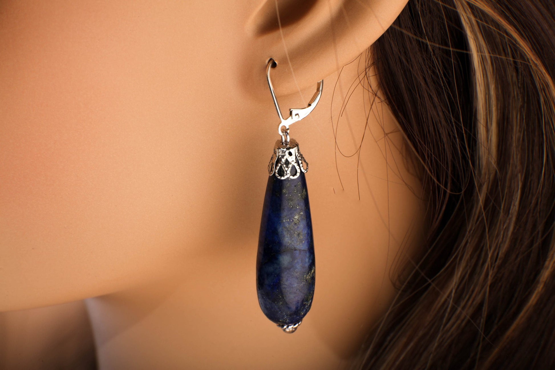 Lapis Lazuli Earrings, Natural Lapis Briolette 12x40mm Long Teardrop Accents with Bali Style Bead Cap, Leverback Ear Wire