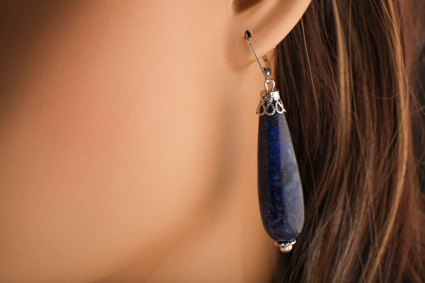 Lapis Lazuli Earrings, Natural Lapis Briolette 12x40mm Long Teardrop Accents with Bali Style Bead Cap, Leverback Ear Wire