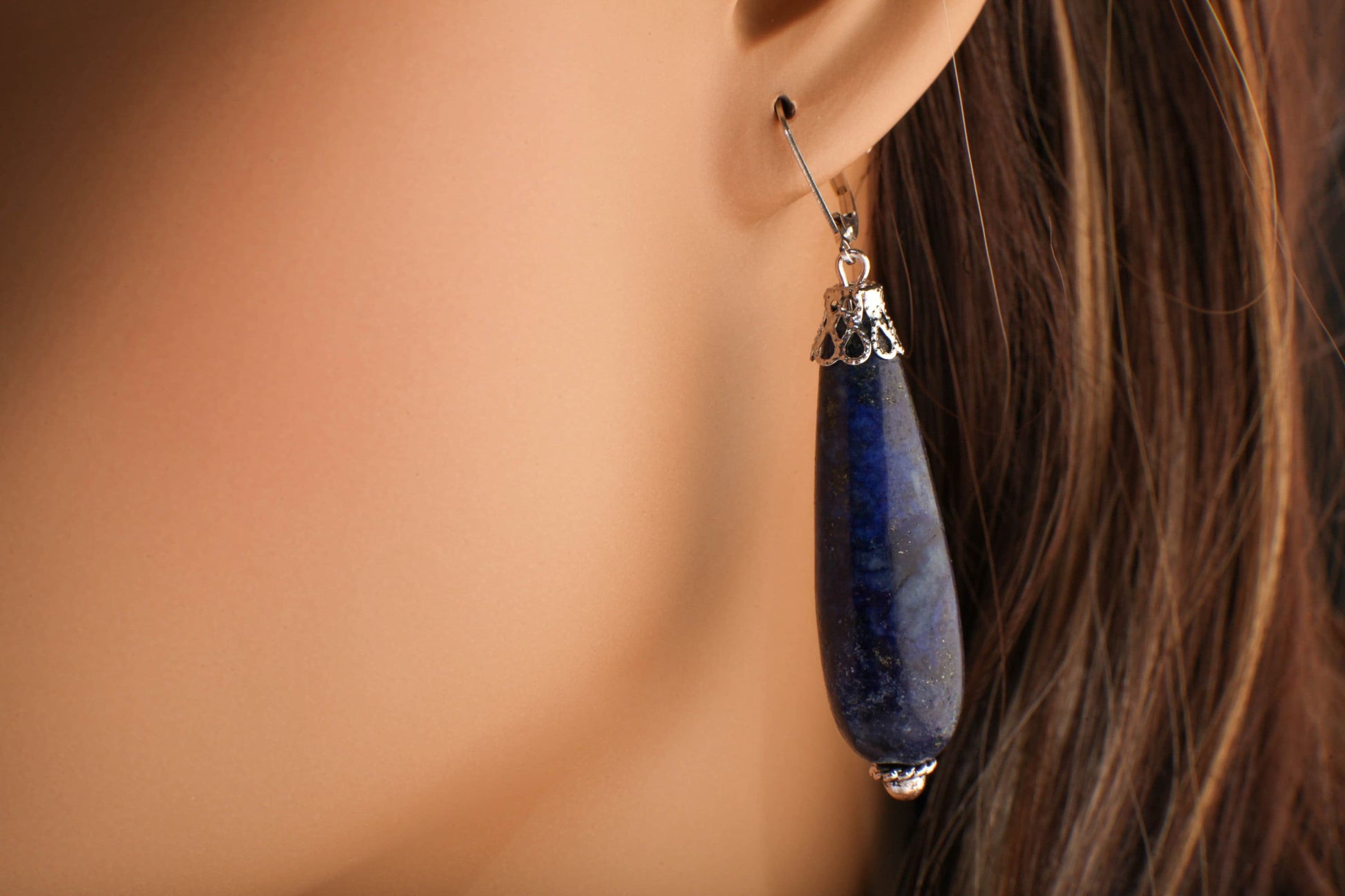 Lapis Lazuli Earrings, Natural Lapis Briolette 12x40mm Long Teardrop Accents with Bali Style Bead Cap, Leverback Ear Wire