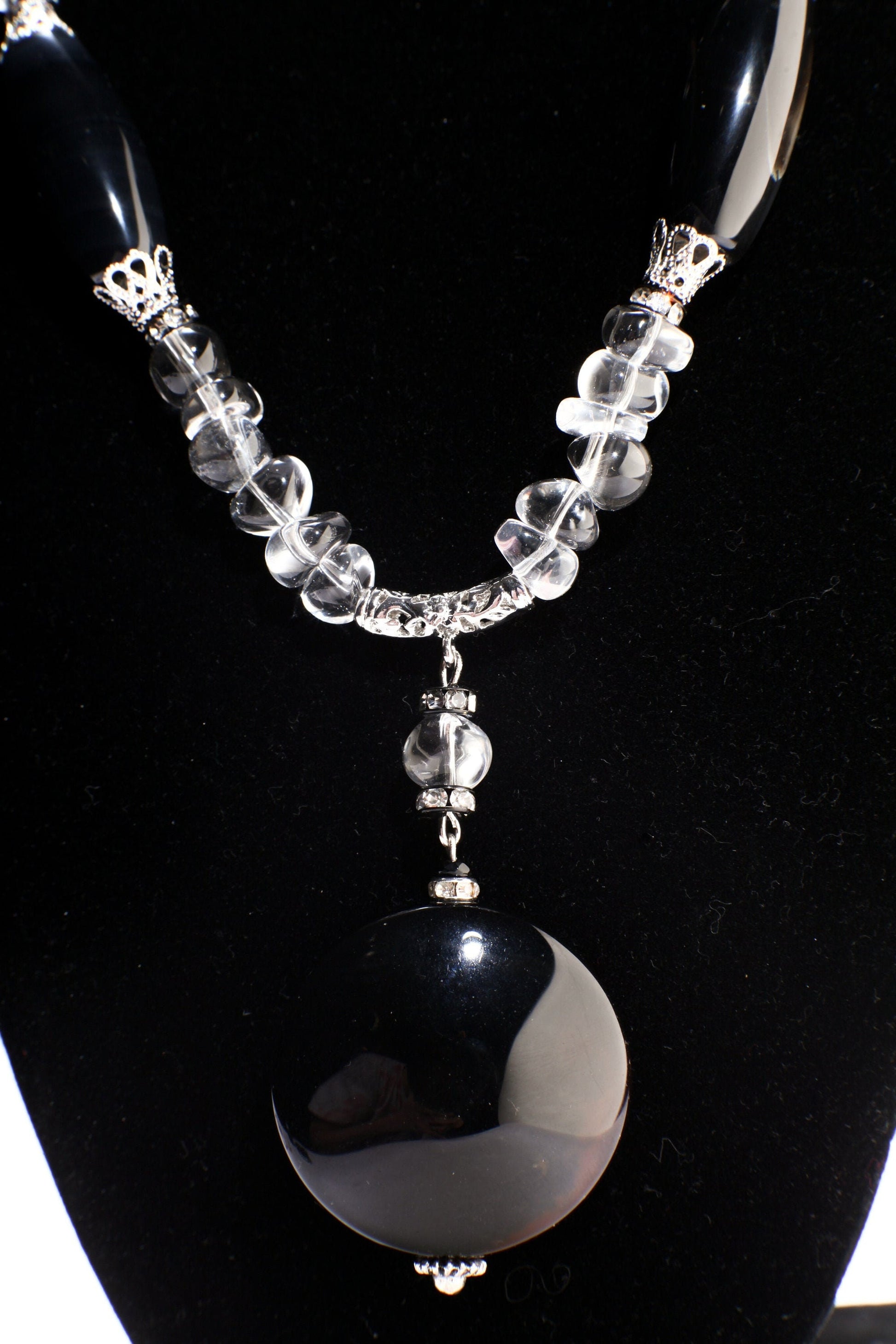 Natural Rock crystal tumble nugget,Black Agate 38mm Disk Pendant,Black Agate 14x34mm Long Oval Barrel Necklace 21" with 2" Extension,healing