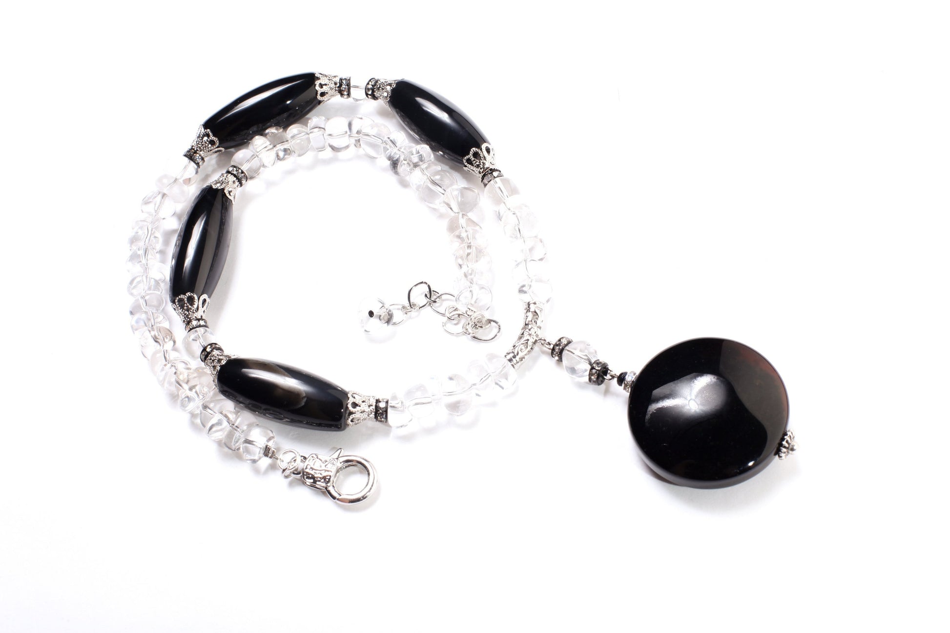 Natural Rock crystal tumble nugget,Black Agate 38mm Disk Pendant,Black Agate 14x34mm Long Oval Barrel Necklace 21" with 2" Extension,healing