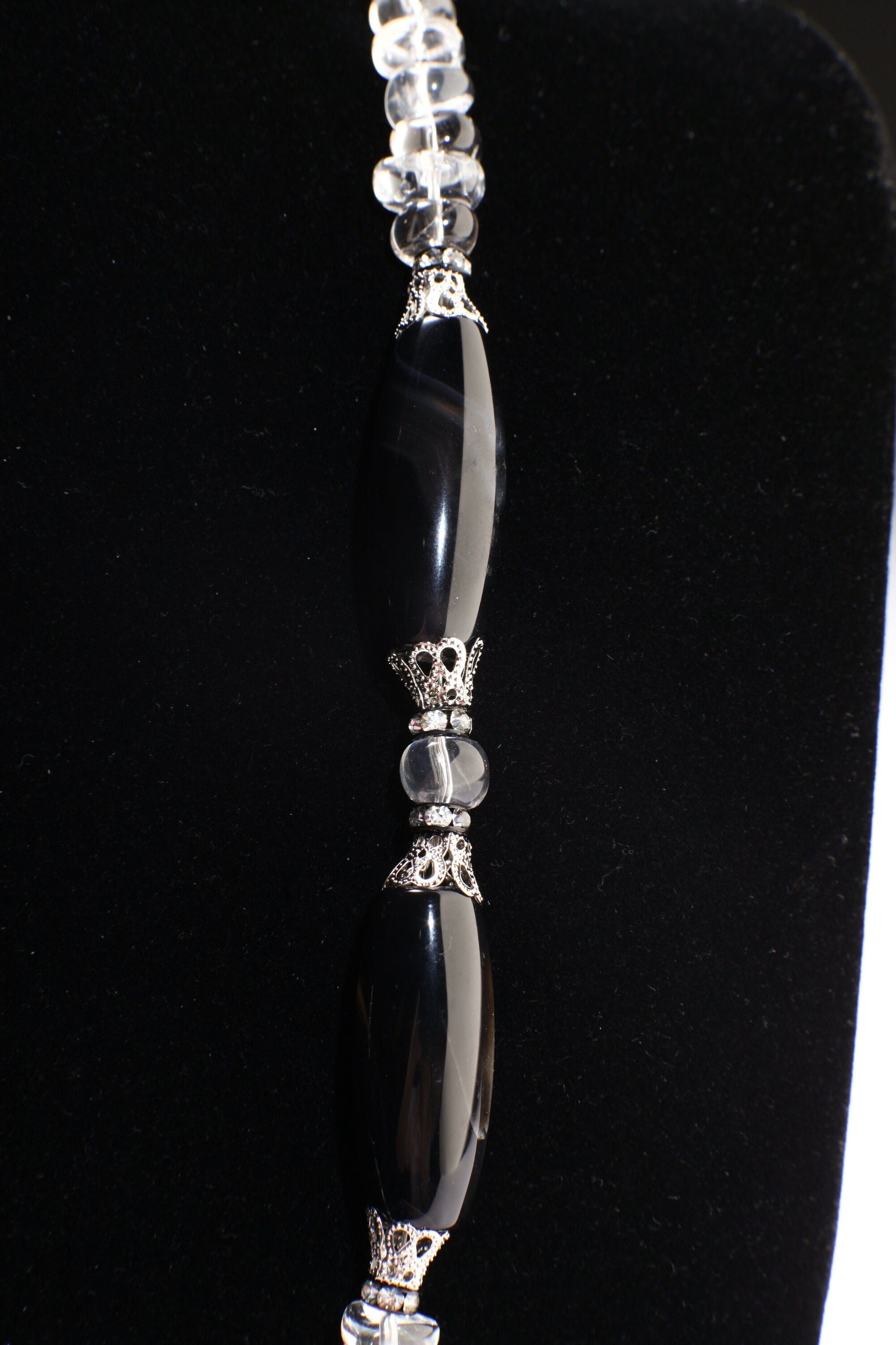 Natural Rock crystal tumble nugget,Black Agate 38mm Disk Pendant,Black Agate 14x34mm Long Oval Barrel Necklace 21" with 2" Extension,healing