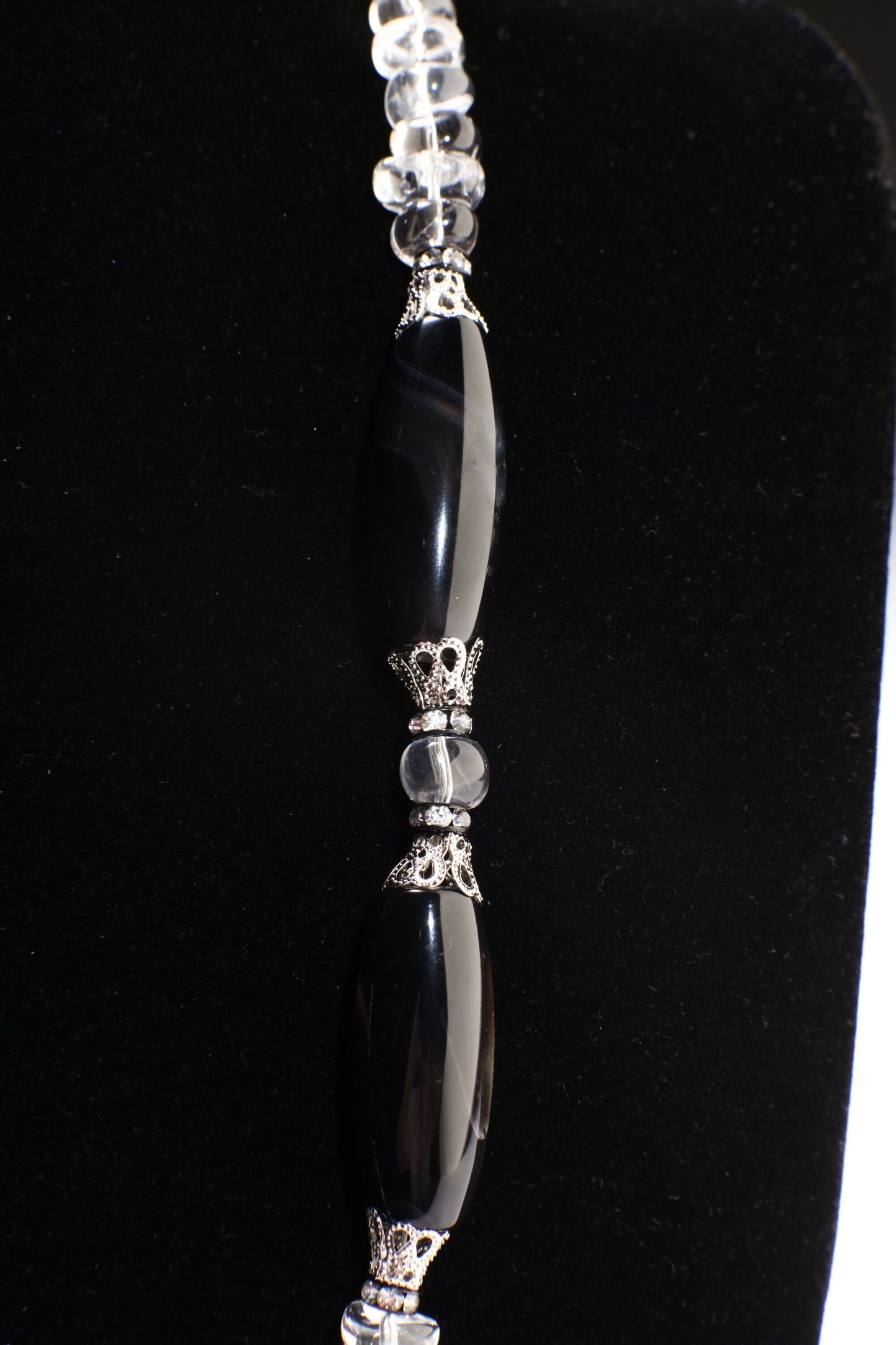Natural Rock crystal tumble nugget,Black Agate 38mm Disk Pendant,Black Agate 14x34mm Long Oval Barrel Necklace 21" with 2" Extension,healing