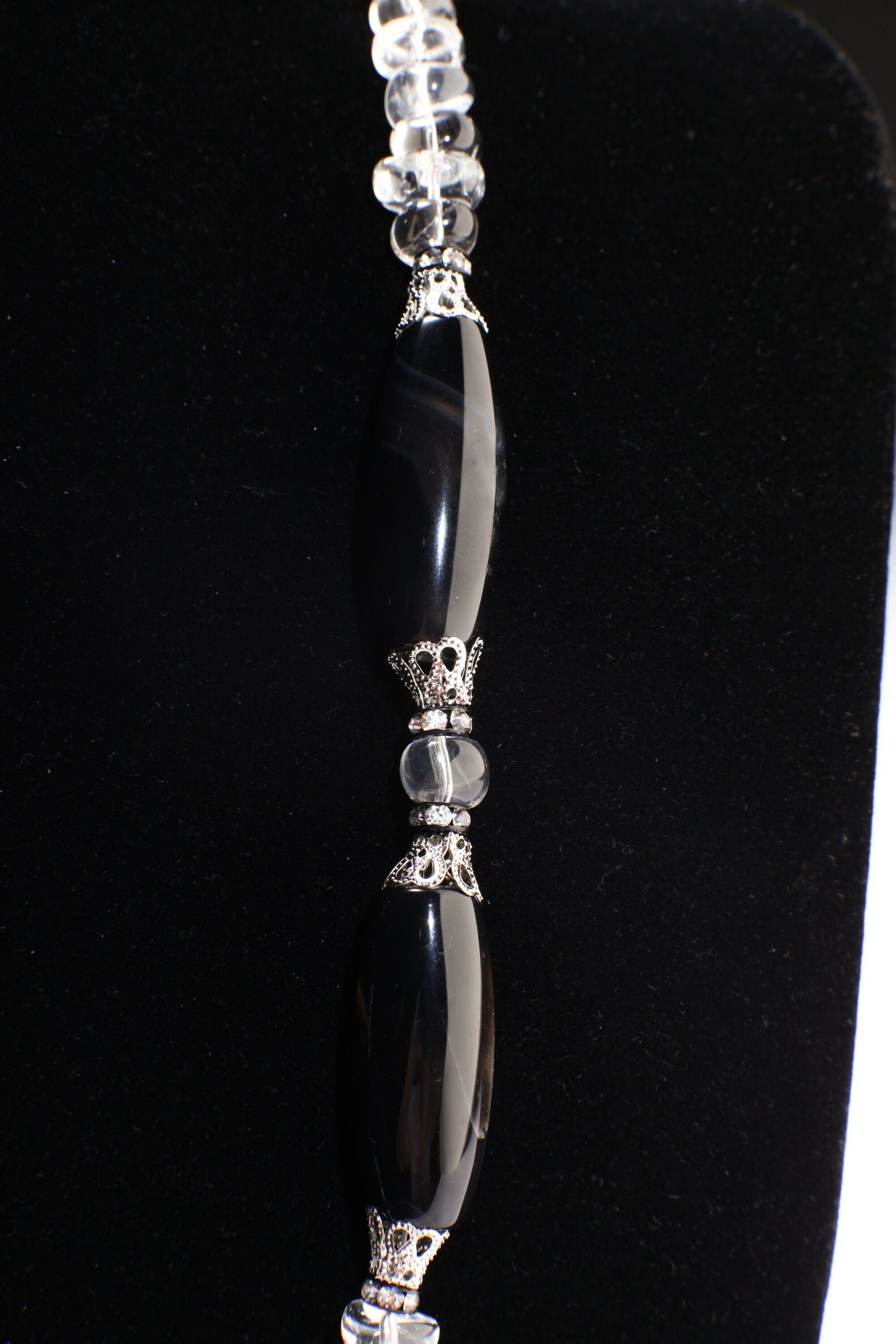 Natural Rock crystal tumble nugget,Black Agate 38mm Disk Pendant,Black Agate 14x34mm Long Oval Barrel Necklace 21" with 2" Extension,healing