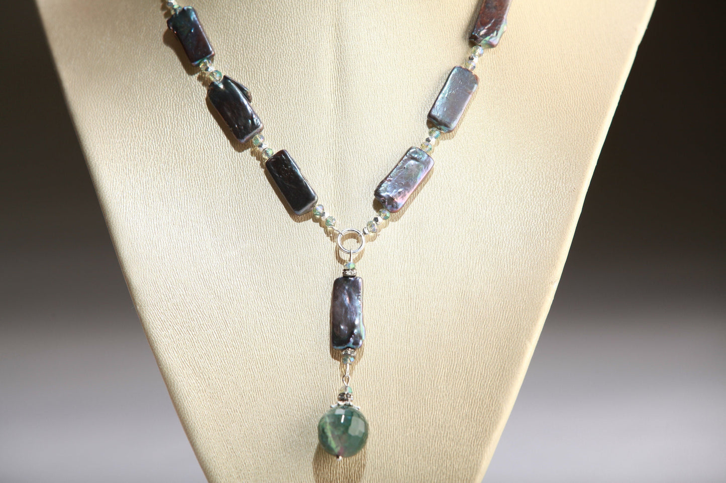 Freshwater Pearl Necklace with Moss Agate drop