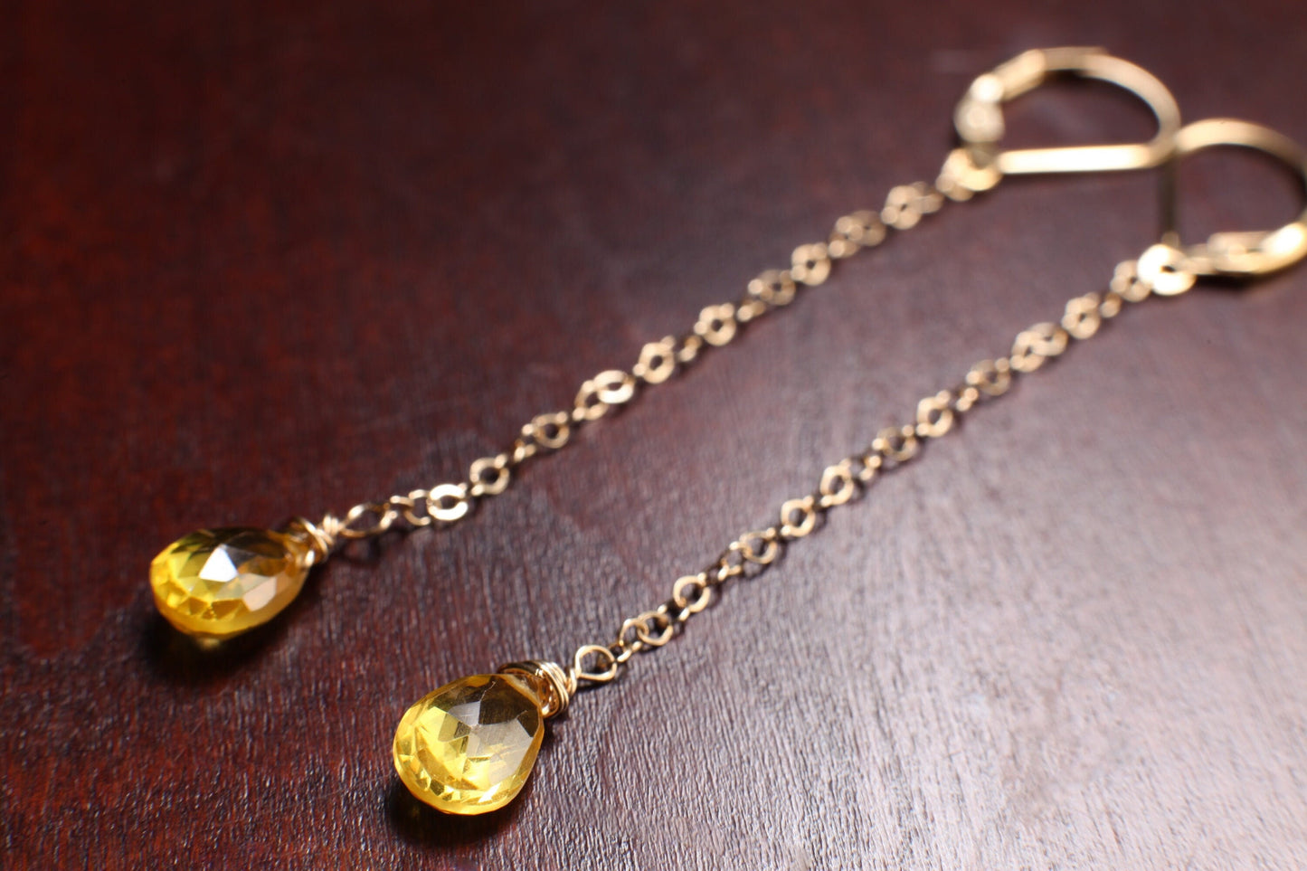 Yellow Citrine 6x9mm Wire Wrapped Teardrop Briolette with 14K Gold Filled Chain and Leverback Earrings, Gemstone Handmade Gift for Her