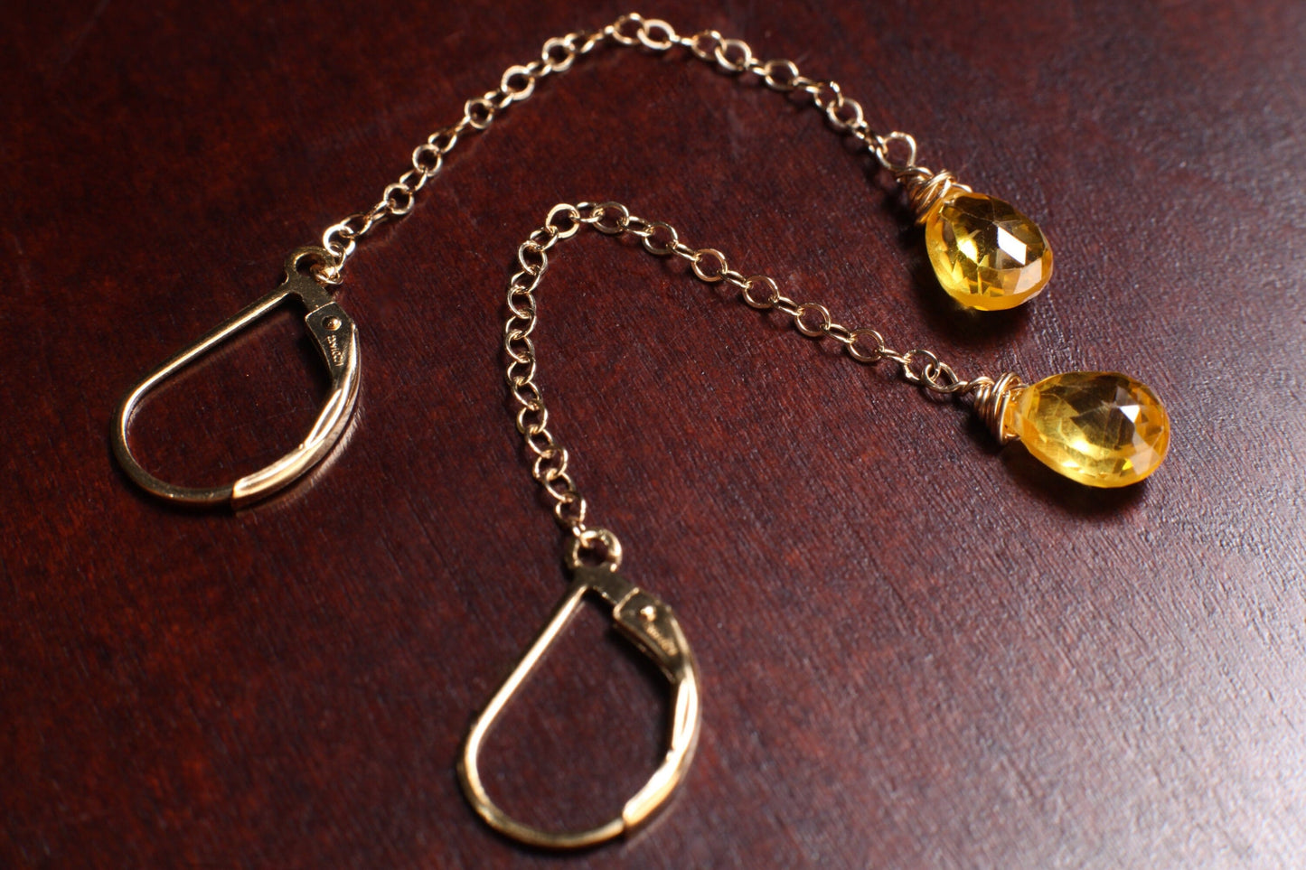 Yellow Citrine 6x9mm Wire Wrapped Teardrop Briolette with 14K Gold Filled Chain and Leverback Earrings, Gemstone Handmade Gift for Her