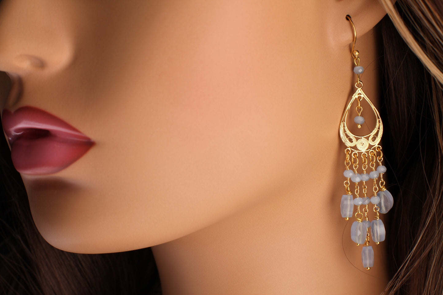 Blue Chalcedony Faceted Oval 6x8mm Handmade Chandelier Wire Wrapped Dangling Earrings in Gold Vermeil Over 925 Sterling Silver Earwire