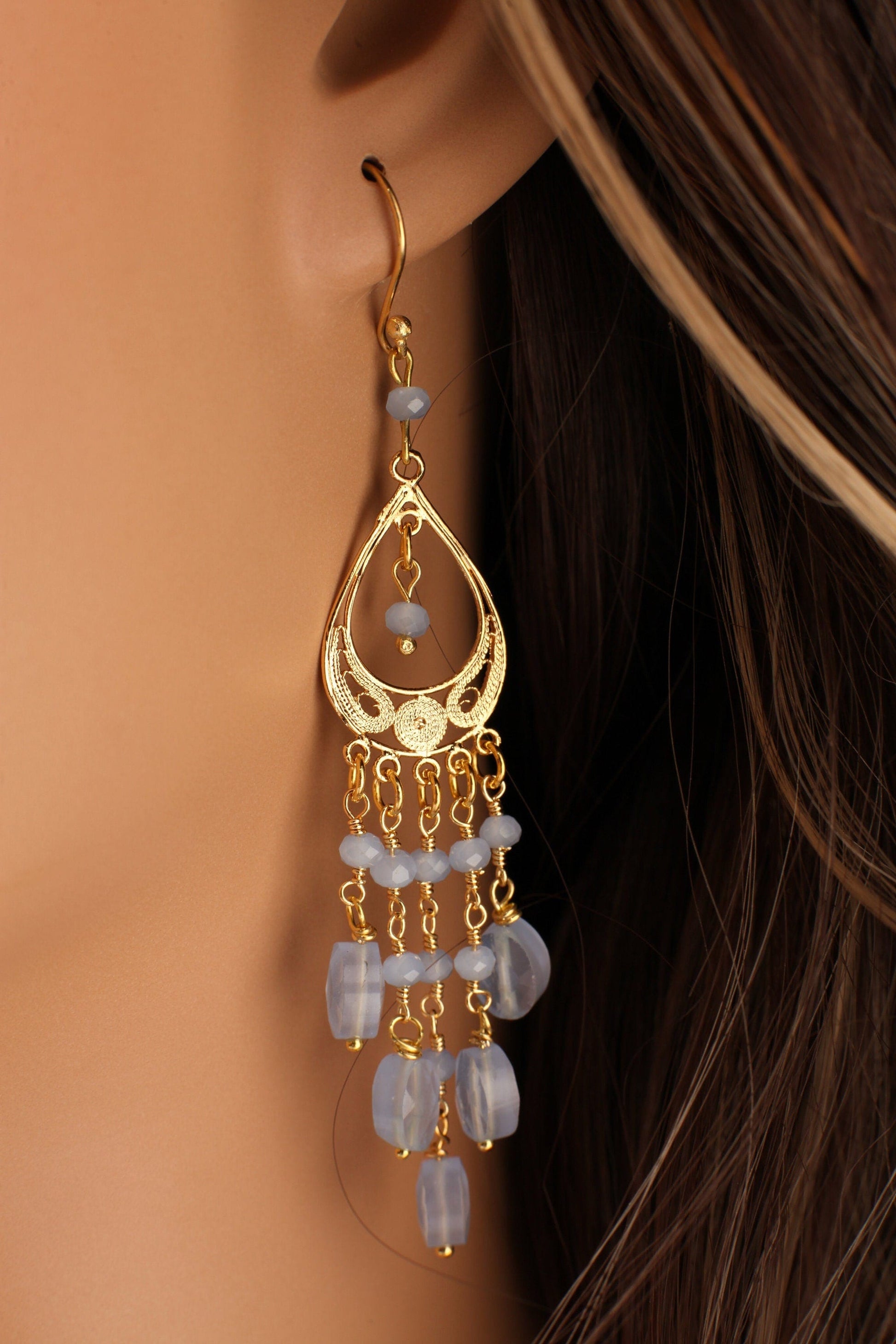 Blue Chalcedony Faceted Oval 6x8mm Handmade Chandelier Wire Wrapped Dangling Earrings in Gold Vermeil Over 925 Sterling Silver Earwire