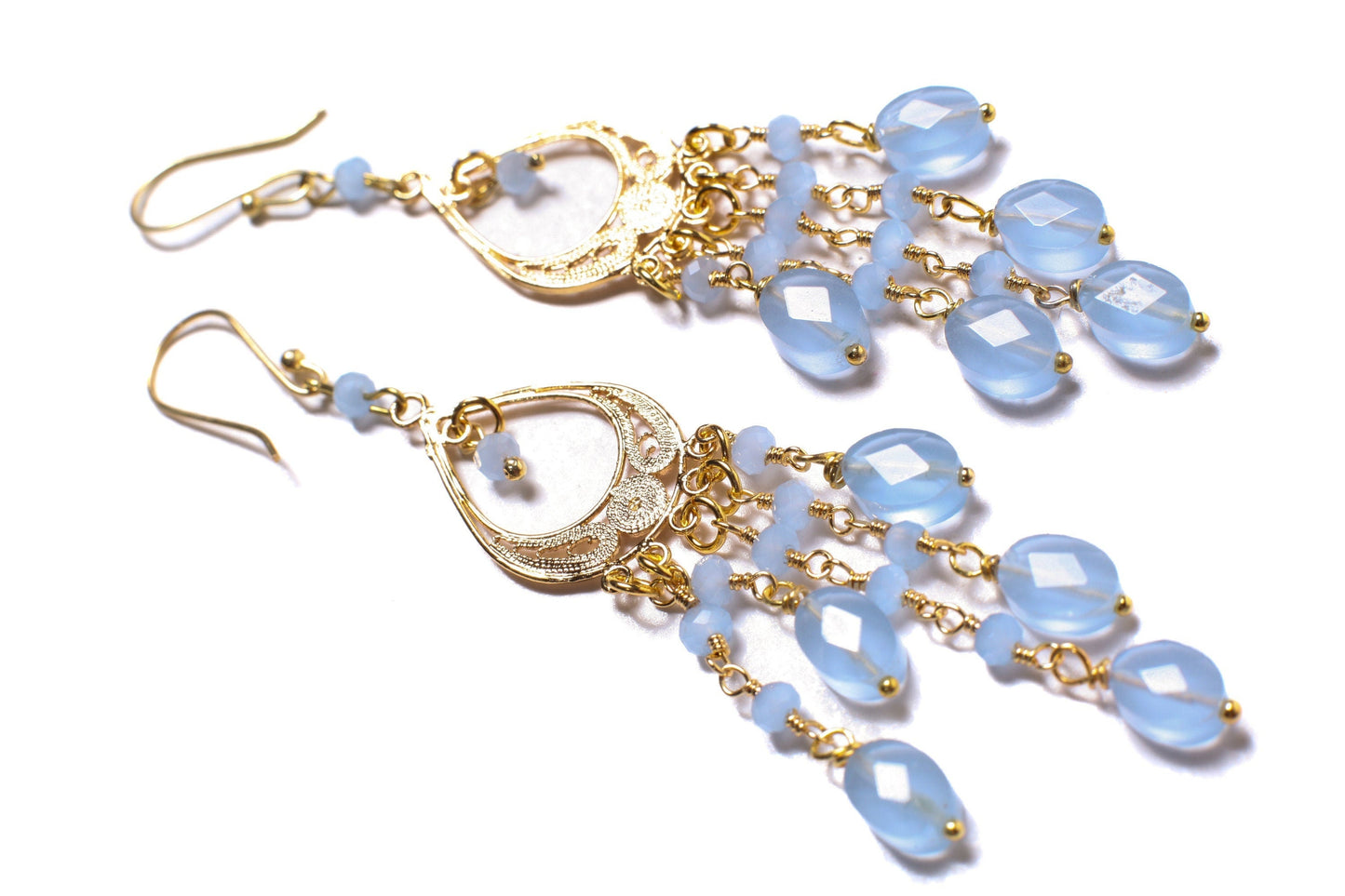 Blue Chalcedony Faceted Oval 6x8mm Handmade Chandelier Wire Wrapped Dangling Earrings in Gold Vermeil Over 925 Sterling Silver Earwire