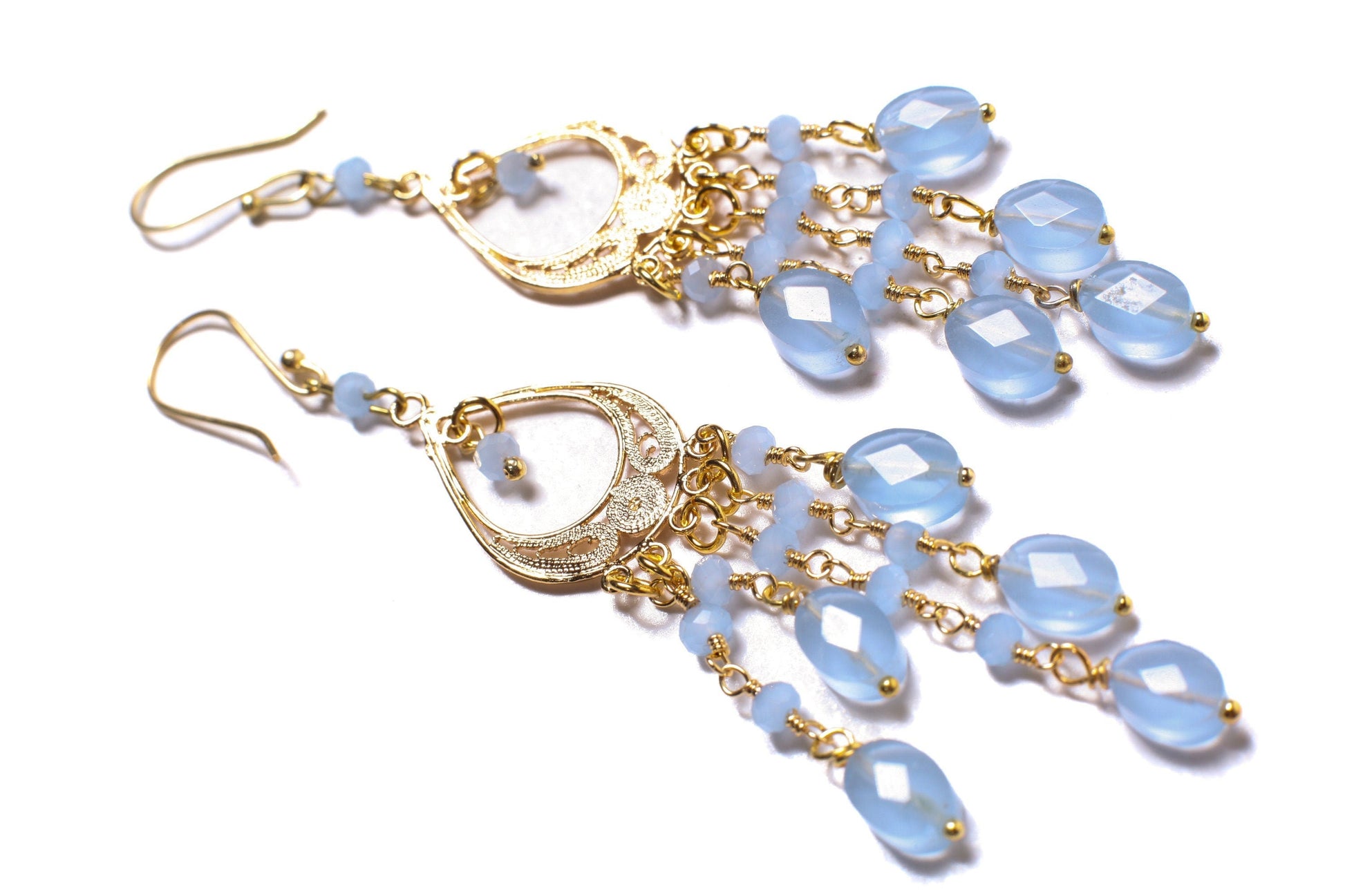 Blue Chalcedony Faceted Oval 6x8mm Handmade Chandelier Wire Wrapped Dangling Earrings in Gold Vermeil Over 925 Sterling Silver Earwire