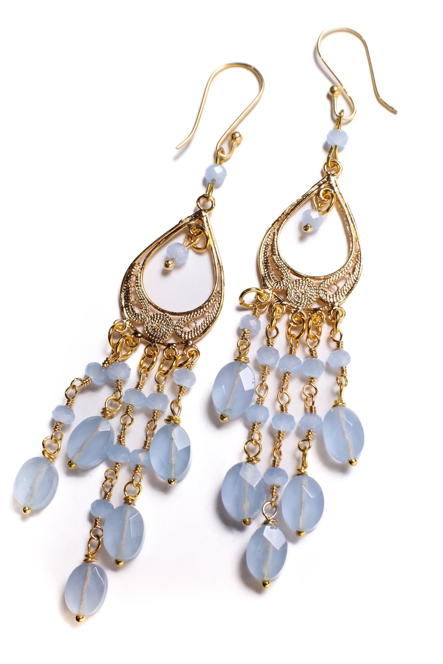 Blue Chalcedony Faceted Oval 6x8mm Handmade Chandelier Wire Wrapped Dangling Earrings in Gold Vermeil Over 925 Sterling Silver Earwire
