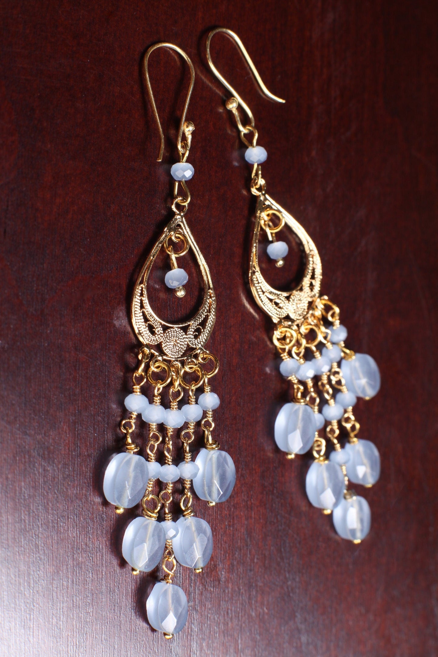 Blue Chalcedony Faceted Oval 6x8mm Handmade Chandelier Wire Wrapped Dangling Earrings in Gold Vermeil Over 925 Sterling Silver Earwire