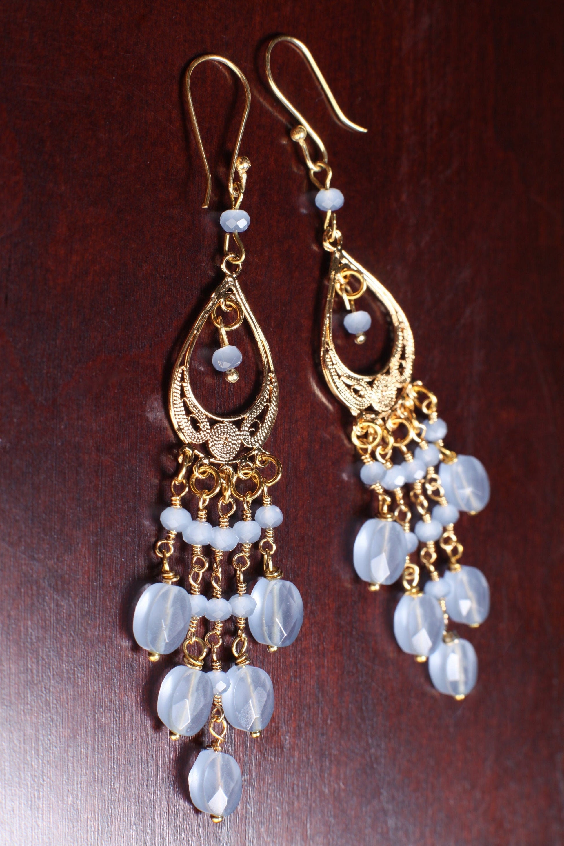 Blue Chalcedony Faceted Oval 6x8mm Handmade Chandelier Wire Wrapped Dangling Earrings in Gold Vermeil Over 925 Sterling Silver Earwire