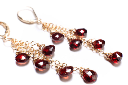 Genuine Mozambique Garnet Faceted heart earrings,Merlot Red Teardrop cascade Dangling Wire Wrap 14K Gold Filled chain& Leverback Earring