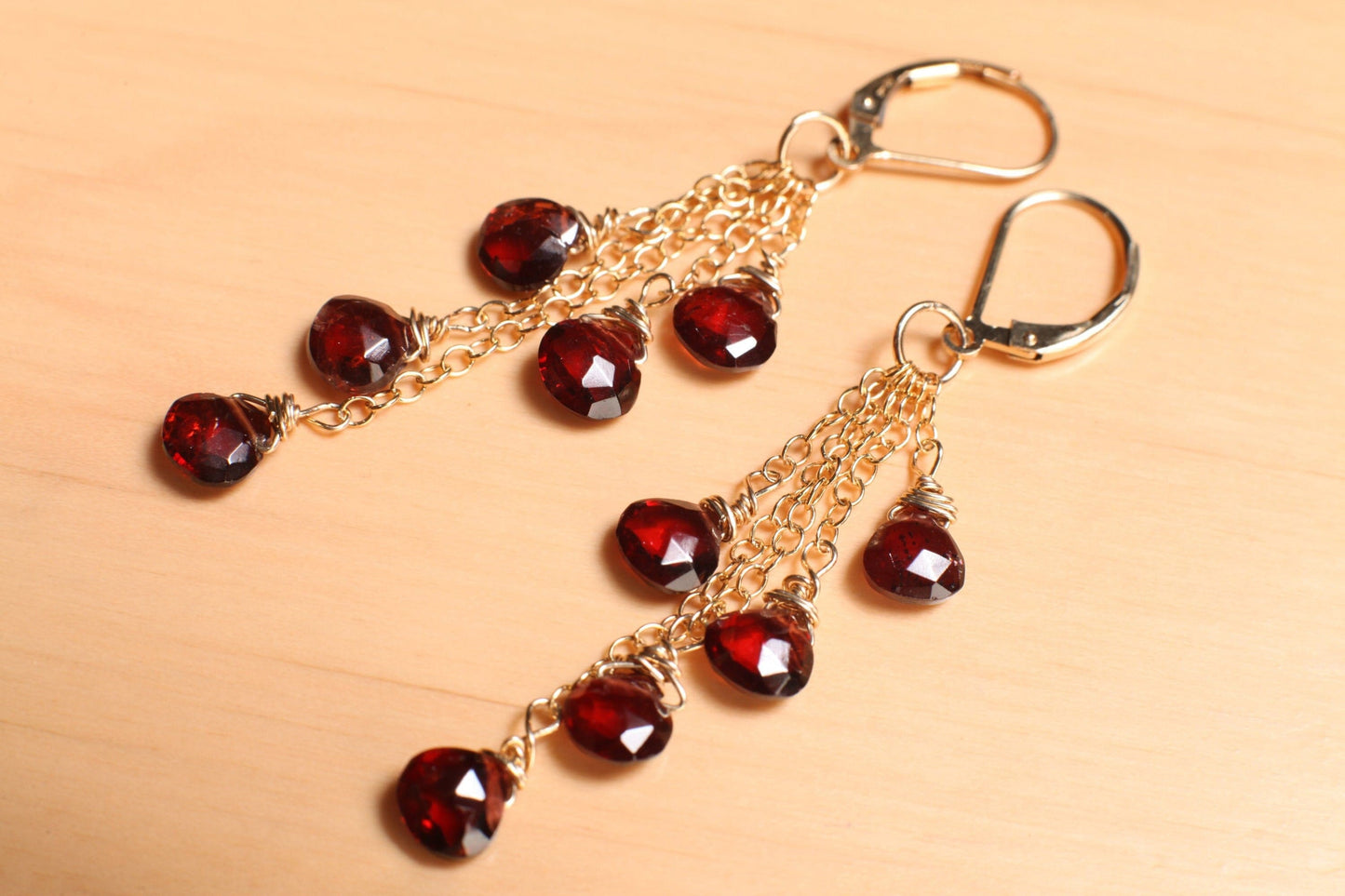 Genuine Mozambique Garnet Faceted heart earrings,Merlot Red Teardrop cascade Dangling Wire Wrap 14K Gold Filled chain& Leverback Earring