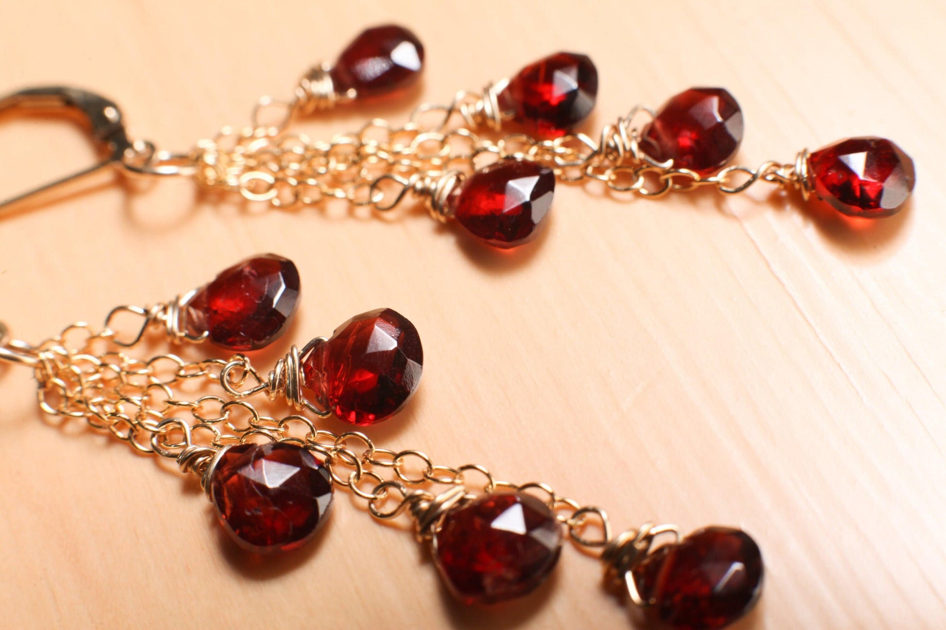 Genuine Mozambique Garnet Faceted heart earrings,Merlot Red Teardrop cascade Dangling Wire Wrap 14K Gold Filled chain& Leverback Earring