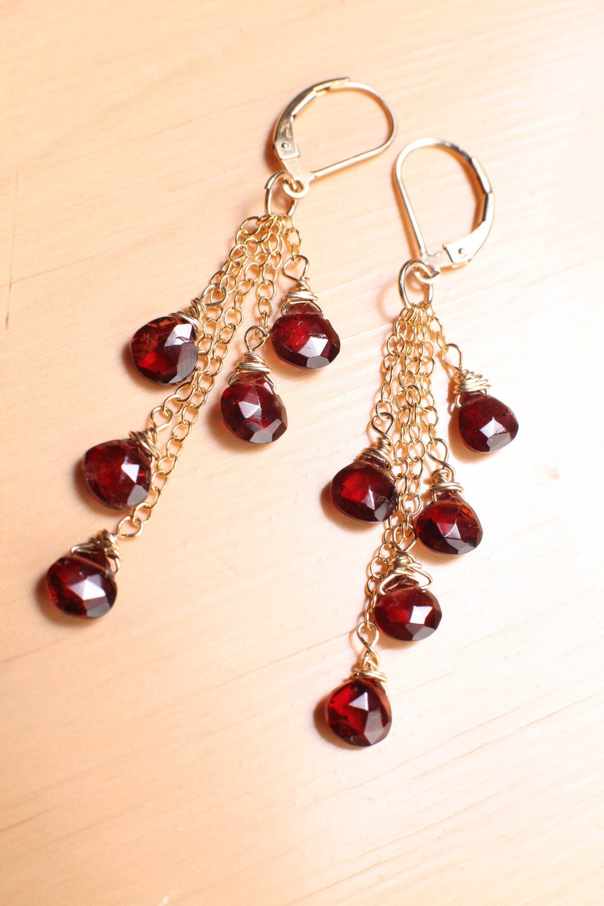 Genuine Mozambique Garnet Faceted heart earrings,Merlot Red Teardrop cascade Dangling Wire Wrap 14K Gold Filled chain& Leverback Earring