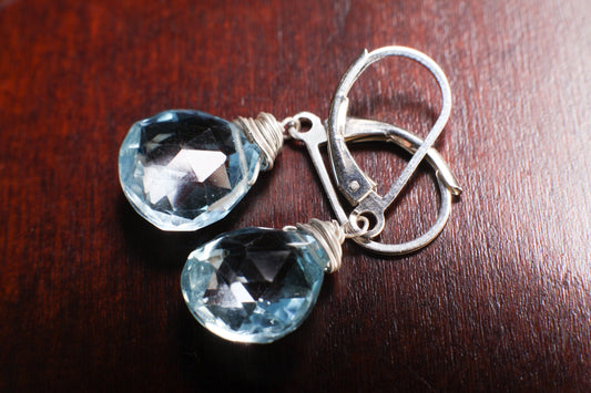 Swiss Blue Topaz drop cut 12mm faceted Heart Teardrop natural Gemstone, AAA quality wirewrap 925 Sterling Silver Leverback Earring valentine