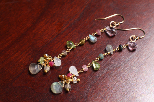 Multi Gemstones Faceted Briolette Drop and Rondelle with Dangling Labradorite Gold Vermeil Earrings, Amethyst, Moonstone, Ruby, Labradorite