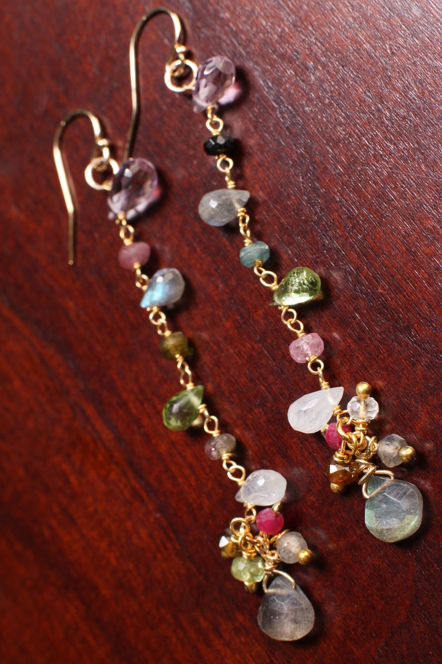 Multi Gemstones Faceted Briolette Drop and Rondelle with Dangling Labradorite Gold Vermeil Earrings, Amethyst, Moonstone, Ruby, Labradorite