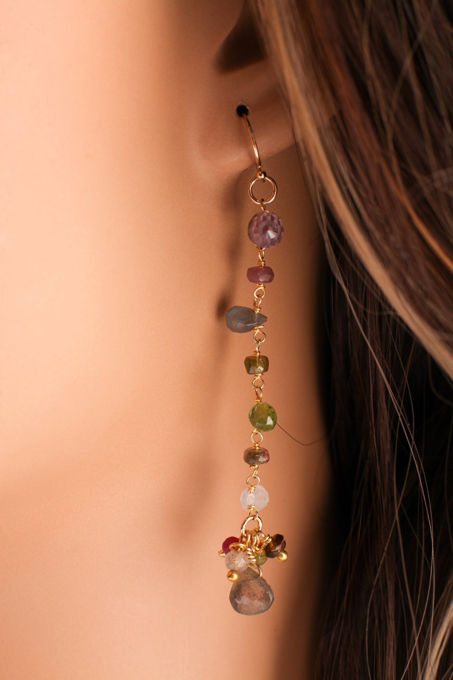 Multi Gemstones Faceted Briolette Drop and Rondelle with Dangling Labradorite Gold Vermeil Earrings, Amethyst, Moonstone, Ruby, Labradorite