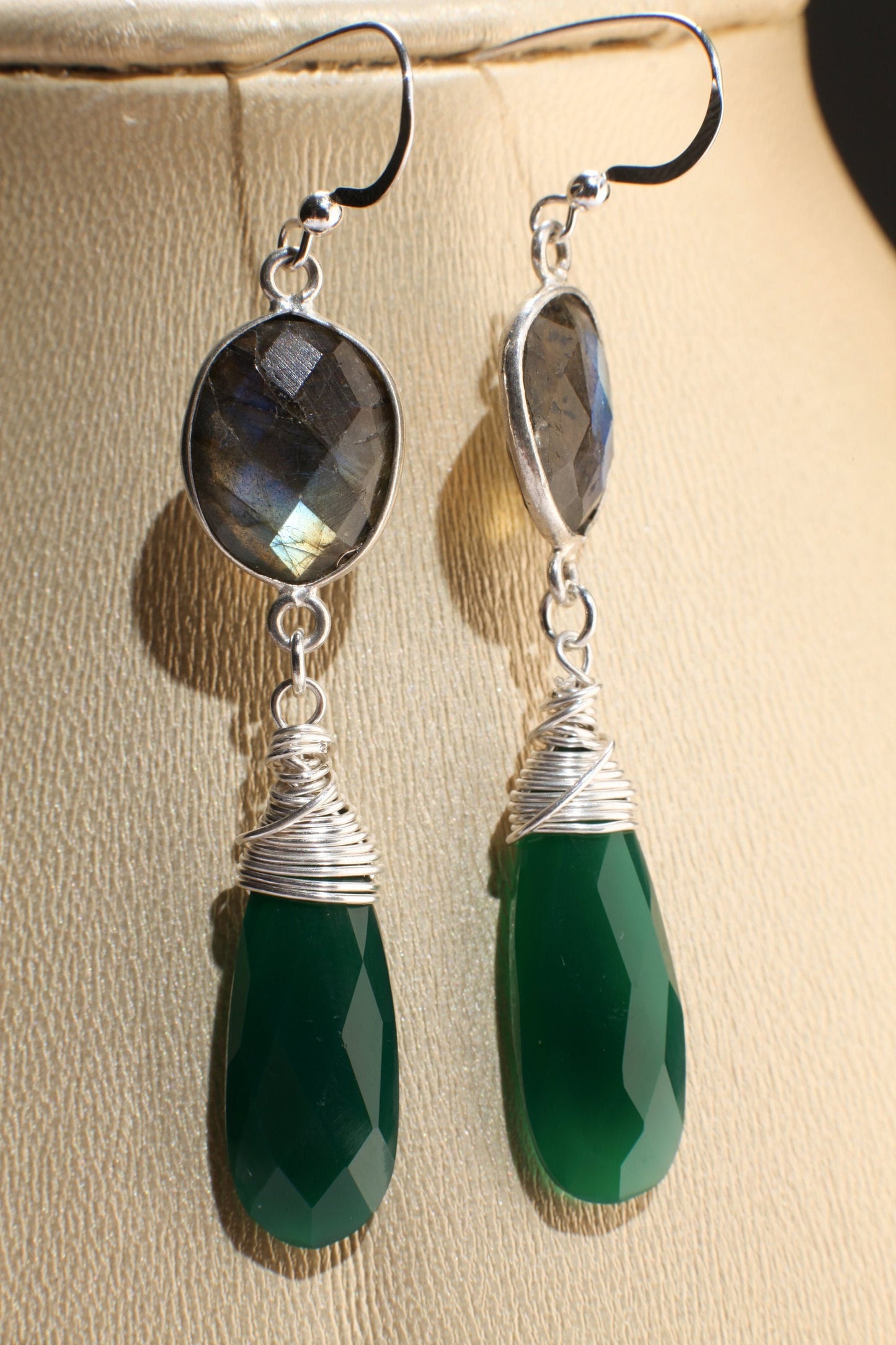 Labradorite Bezel with Dangle Green Onyx 9.5x25mm Wire Wrapped Briolette Teardrop in 925 Sterling Silver lever back earring. Precious gift