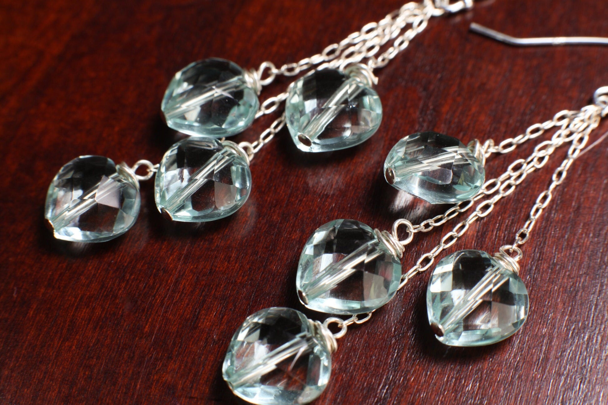 aquamarine quartz 10mm Faceted Heart Dangle Earrings with 925 Sterling Silver chain and Ear Wire Soothing earrings Beach boho valentine gift