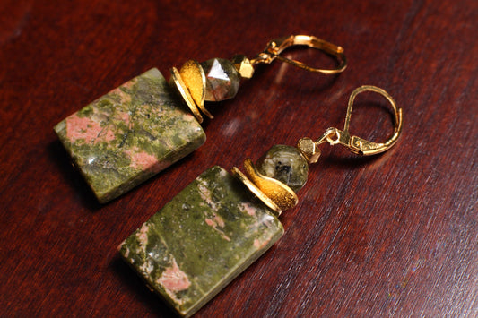 Genuine Unakite 15x20mm Rectangle Gemstone Earrings, with Gold Brushed Spacer Disk, 6mm Unakite Octagon Gold Leverback Earrings