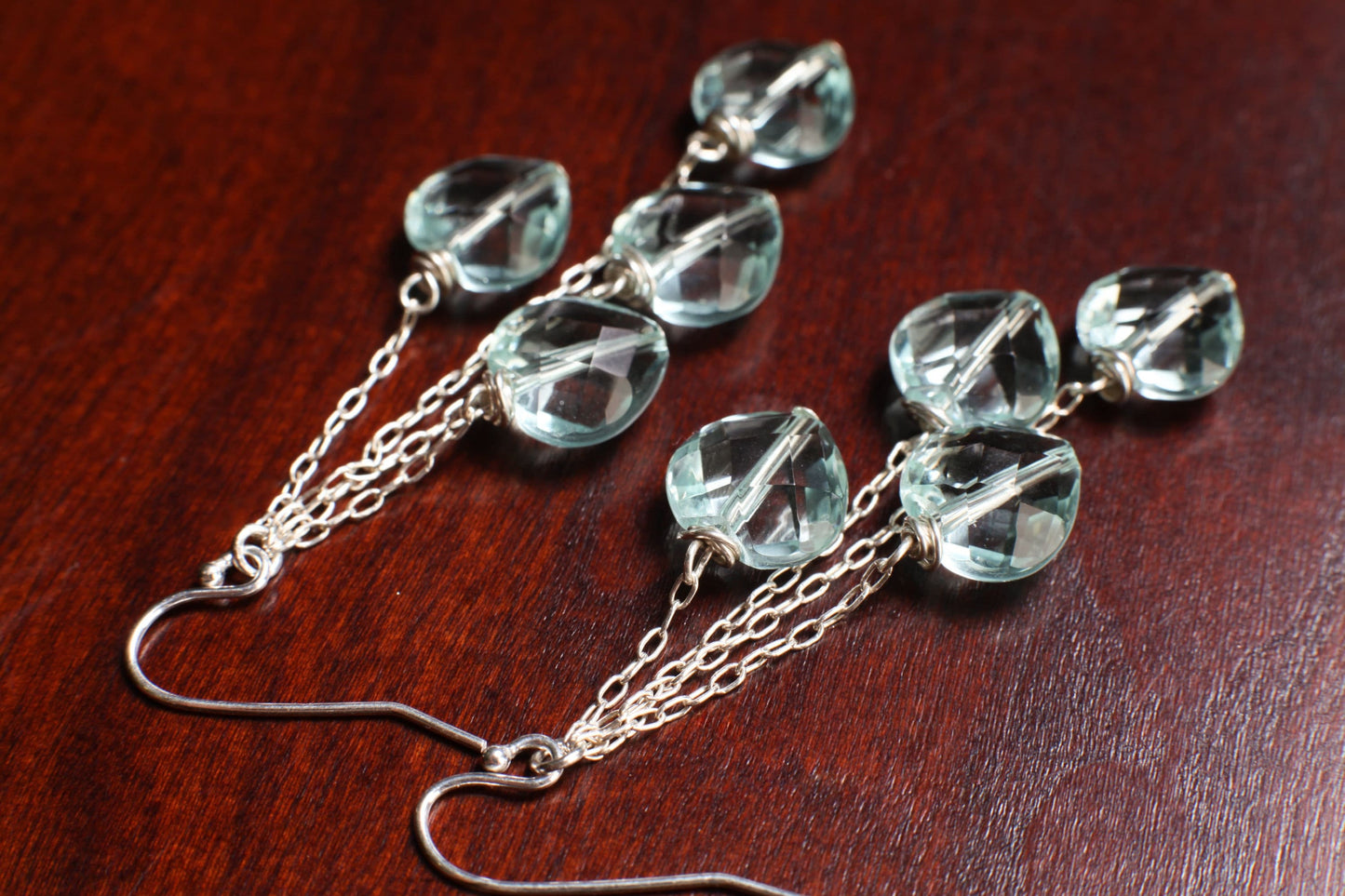 aquamarine quartz 10mm Faceted Heart Dangle Earrings with 925 Sterling Silver chain and Ear Wire Soothing earrings Beach boho valentine gift