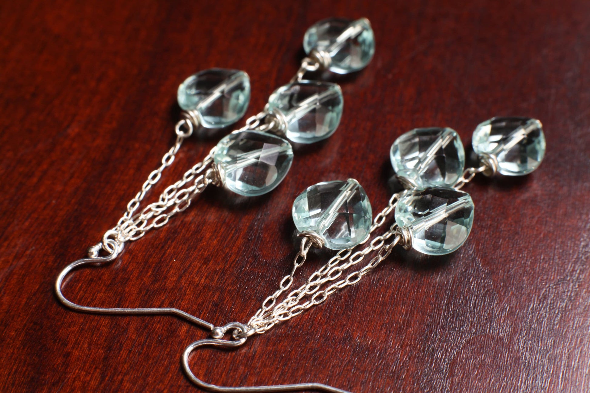 aquamarine quartz 10mm Faceted Heart Dangle Earrings with 925 Sterling Silver chain and Ear Wire Soothing earrings Beach boho valentine gift