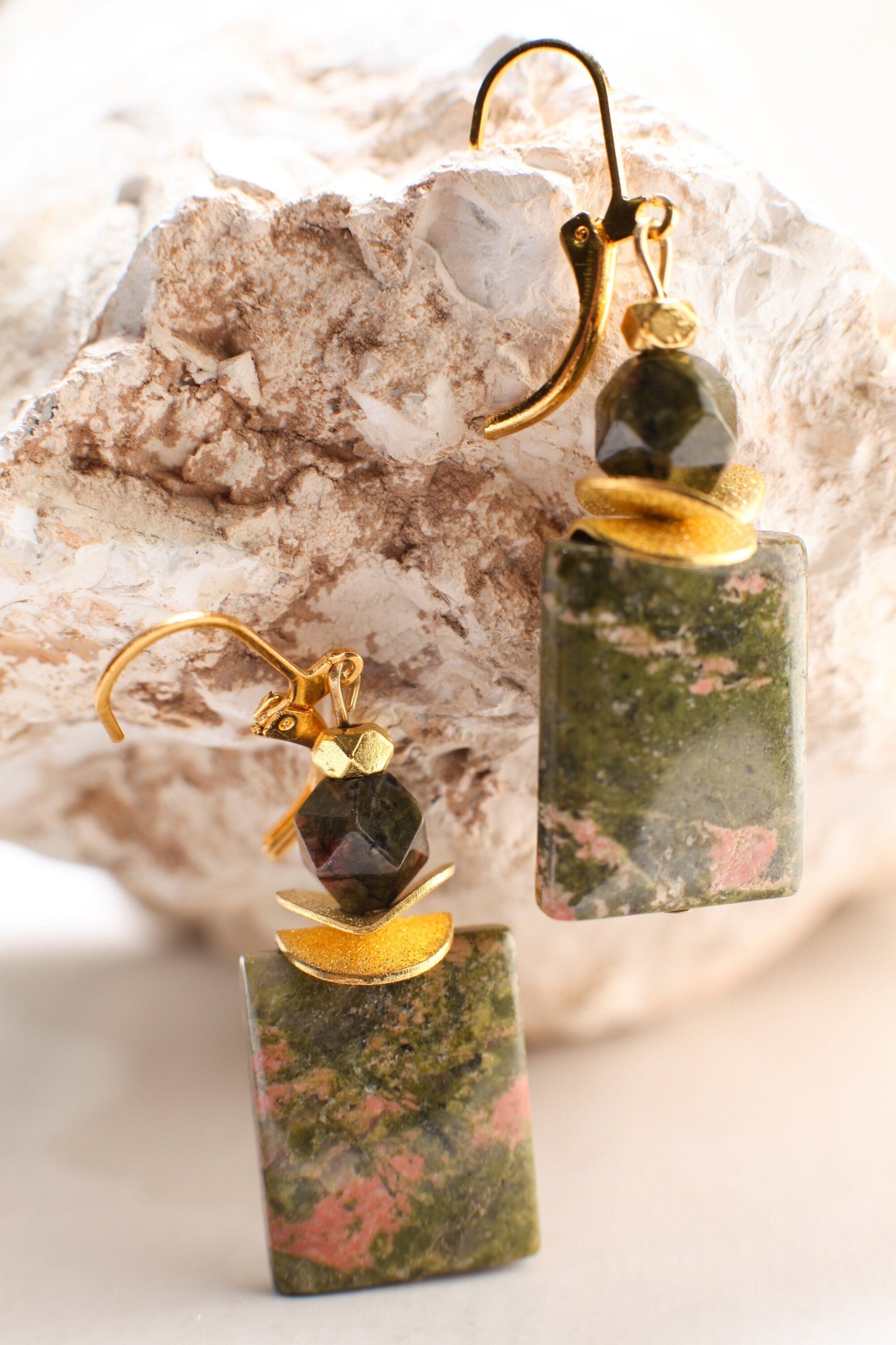 Genuine Unakite 15x20mm Rectangle Gemstone Earrings, with Gold Brushed Spacer Disk, 6mm Unakite Octagon Gold Leverback Earrings