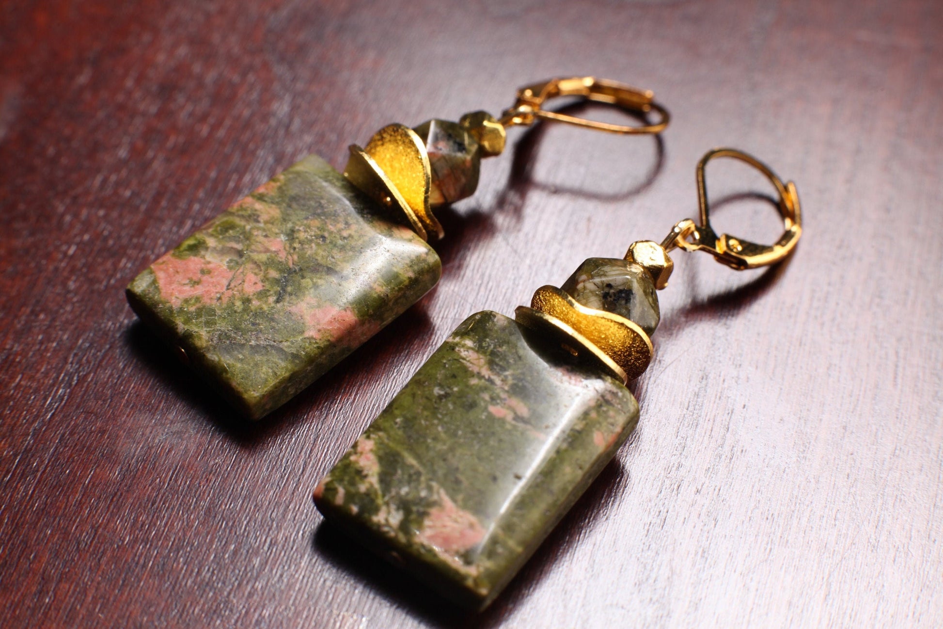 Genuine Unakite 15x20mm Rectangle Gemstone Earrings, with Gold Brushed Spacer Disk, 6mm Unakite Octagon Gold Leverback Earrings