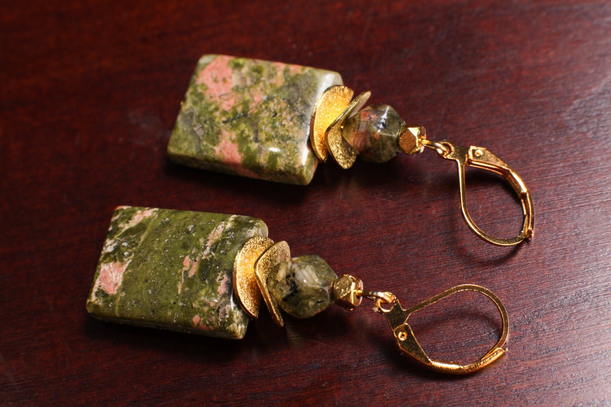 Genuine Unakite 15x20mm Rectangle Gemstone Earrings, with Gold Brushed Spacer Disk, 6mm Unakite Octagon Gold Leverback Earrings