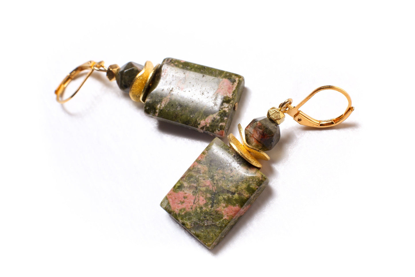 Genuine Unakite 15x20mm Rectangle Gemstone Earrings, with Gold Brushed Spacer Disk, 6mm Unakite Octagon Gold Leverback Earrings