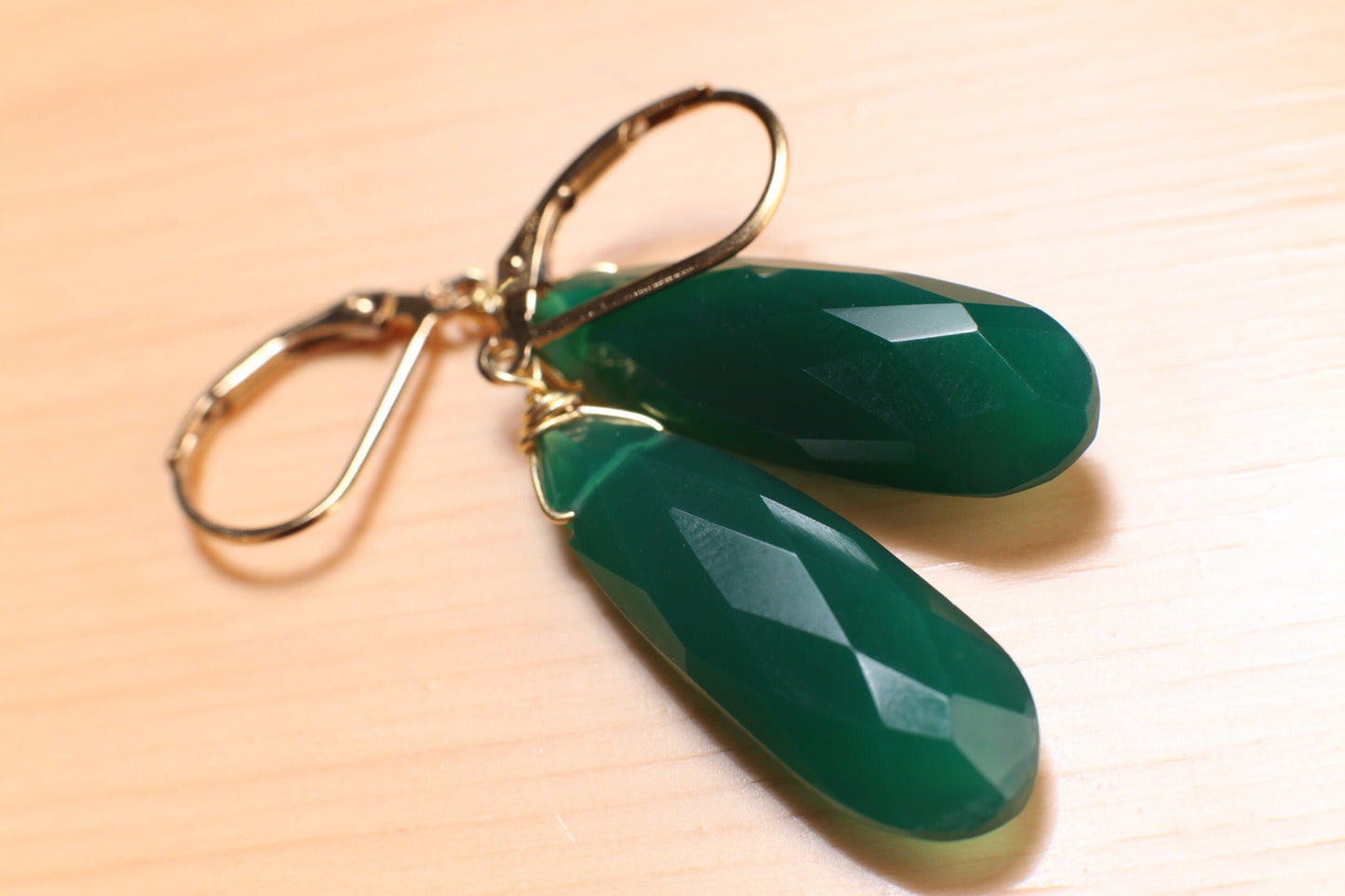 Genuine Green Onyx 9.5x25mm Wire Wrapped Briolette Teardrop in 14K Gold Filled lever back Earring, Precious Gift for her