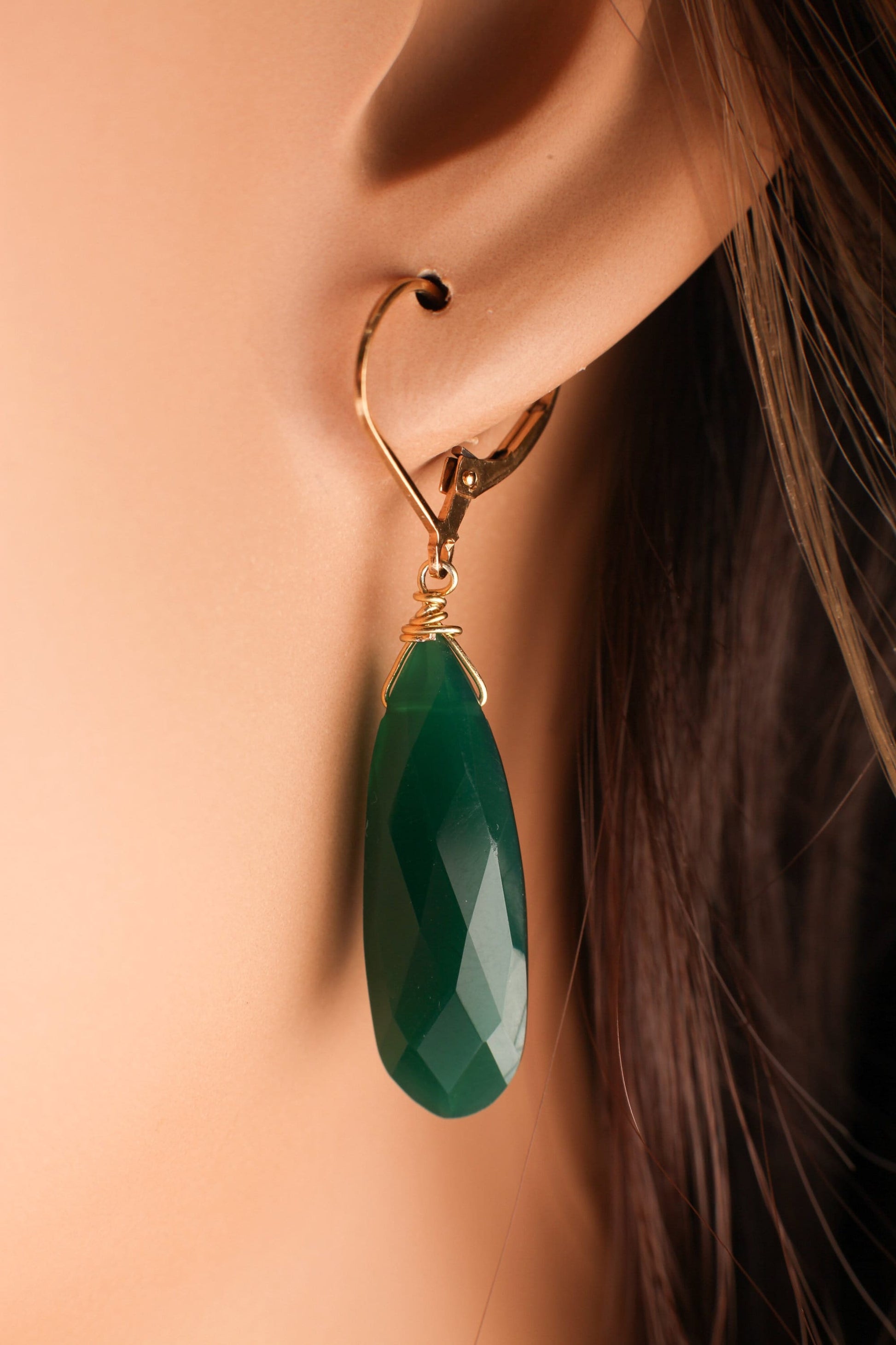 Genuine Green Onyx 9.5x25mm Wire Wrapped Briolette Teardrop in 14K Gold Filled lever back Earring, Precious Gift for her