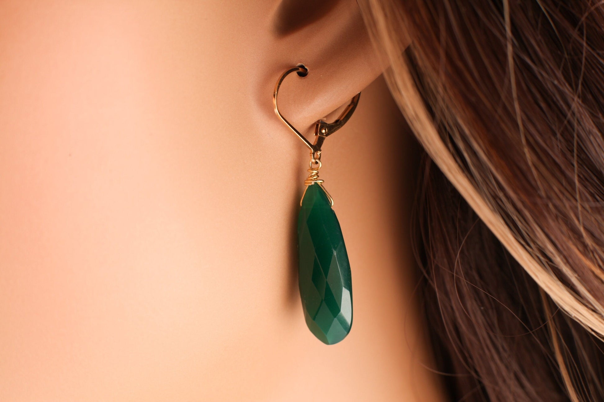 Genuine Green Onyx 9.5x25mm Wire Wrapped Briolette Teardrop in 14K Gold Filled lever back Earring, Precious Gift for her