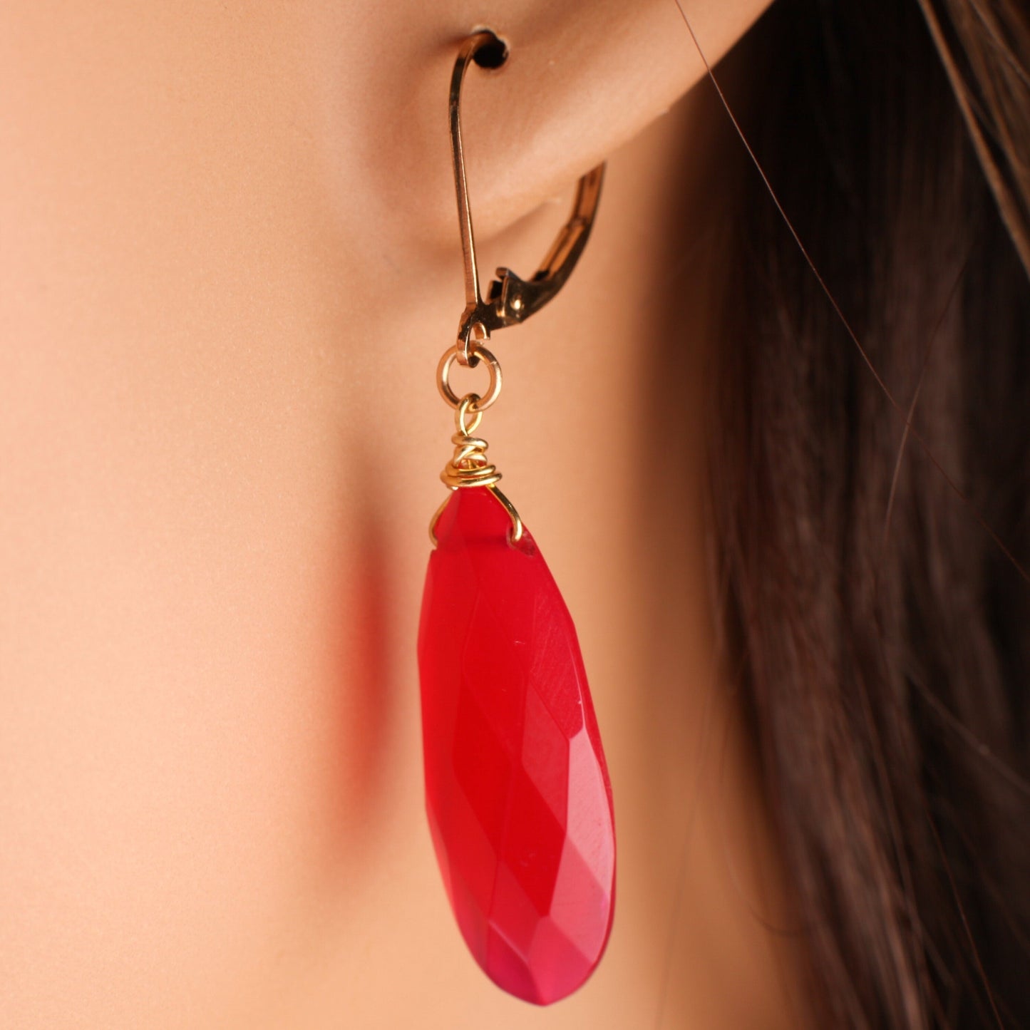 Hot Pink Chalcedony 9.5x25mm long Briolette Teardrop, 14K Gold Filled Earwire or Leverback, Boho, Gemstone Jewelry handmade Gift for Her