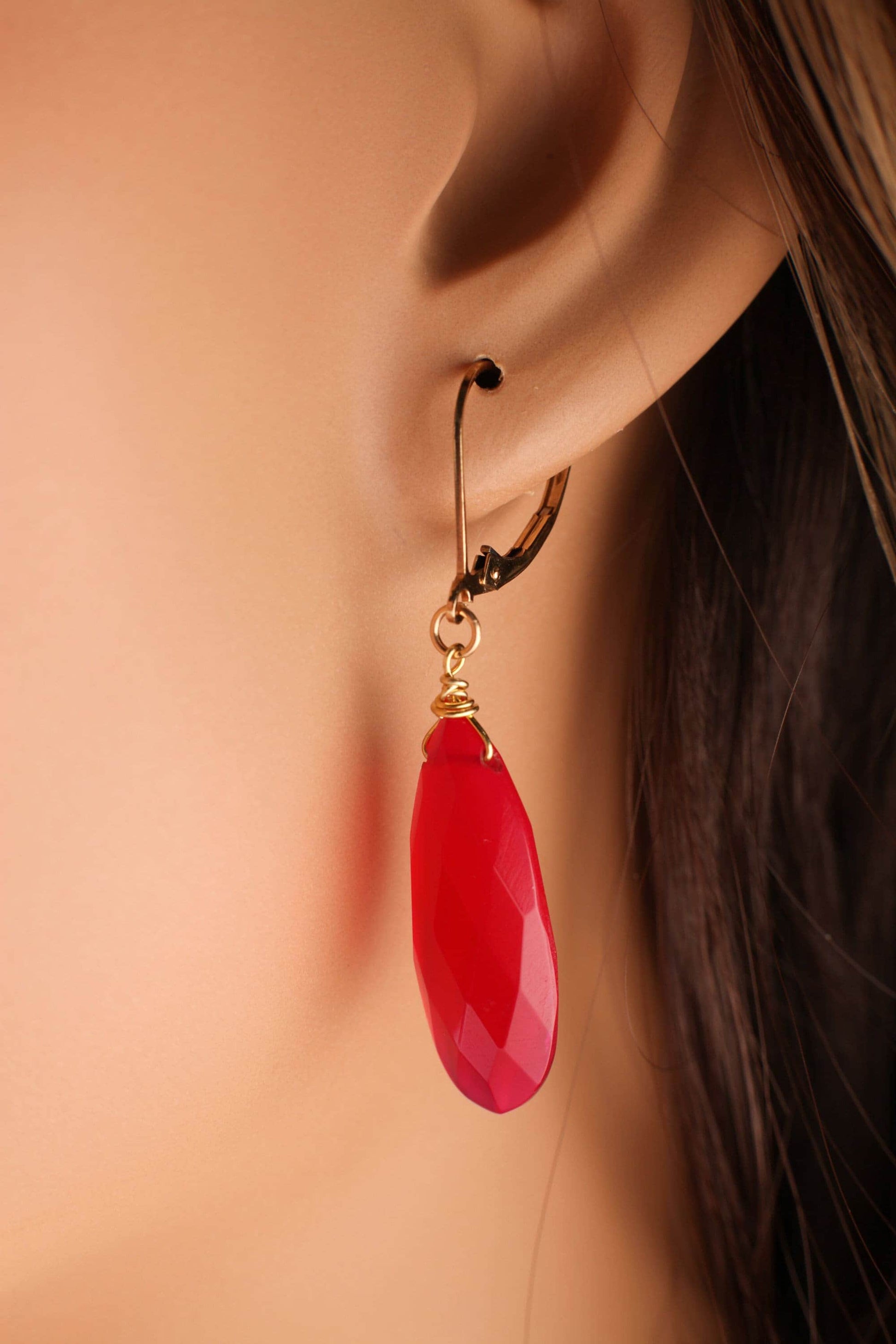 Hot Pink Chalcedony 9.5x25mm long Briolette Teardrop, 14K Gold Filled Earwire or Leverback, Boho, Gemstone Jewelry handmade Gift for Her