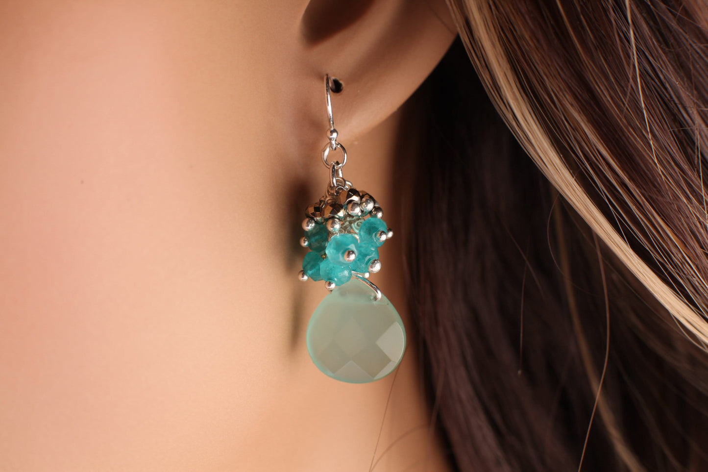 Natural Aqua Chalcedony 13mm Heart Briolette dangling ,Apatite, Pyrite Cluster, Sterling Silver or 14K Gold Filled Earrings Bridesmaid, Gift
